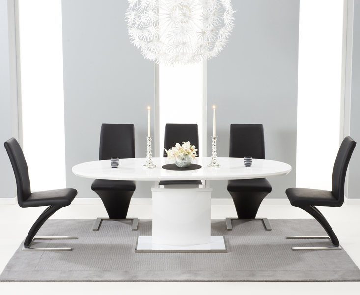 Product photograph of Santana 160cm White High Gloss Extending Pedestal Dining Table With 6 Grey Hampstead Z Chairs from Oak Furniture Superstore