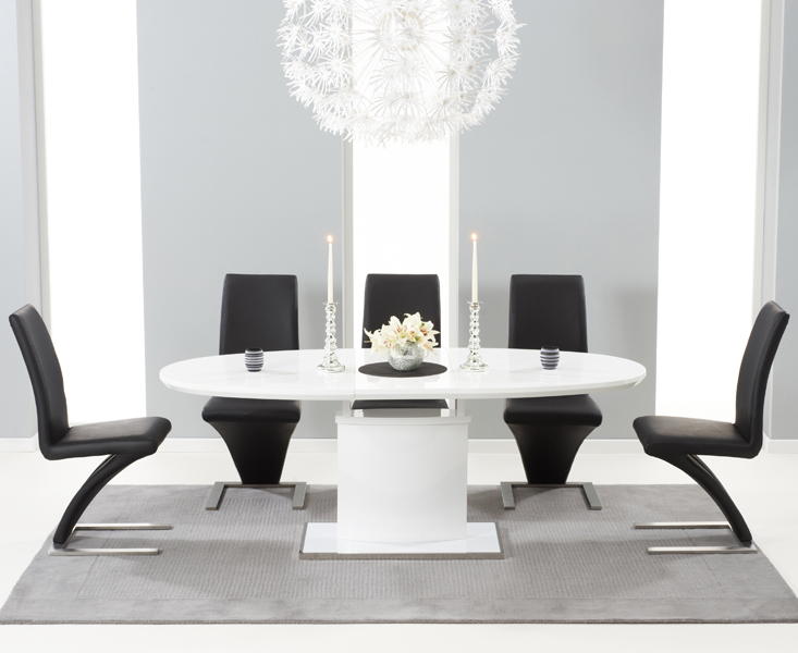 Santana 160cm White High Gloss Extending Pedestal Dining Table With 8 Black Hampstead Z Chairs
