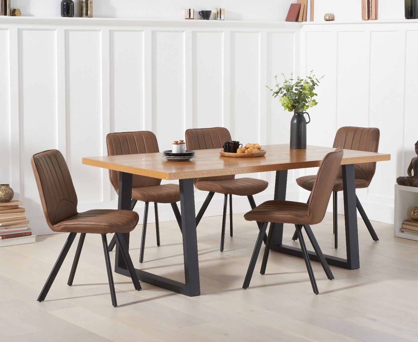 Urban 180cm Industrial Dining Table With 6 Brown Hendrick Faux Leather Chairs