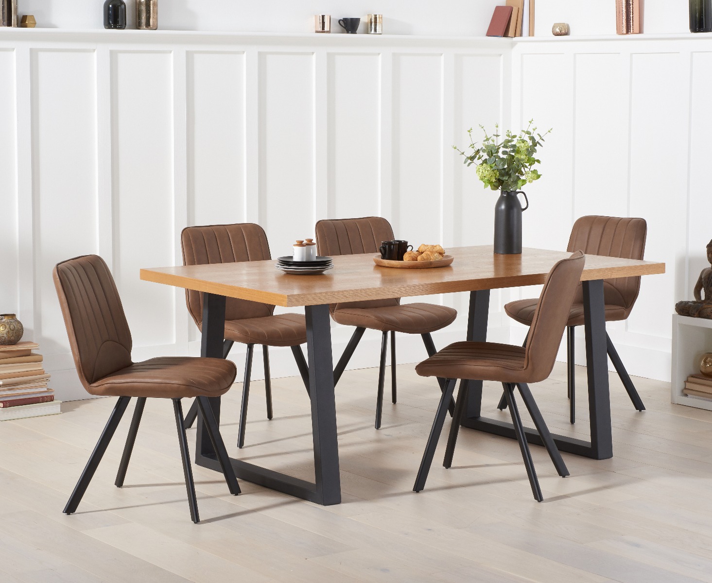 Urban 180cm Industrial Dining Table With 4 Brown Dexter Faux Leather Chairs