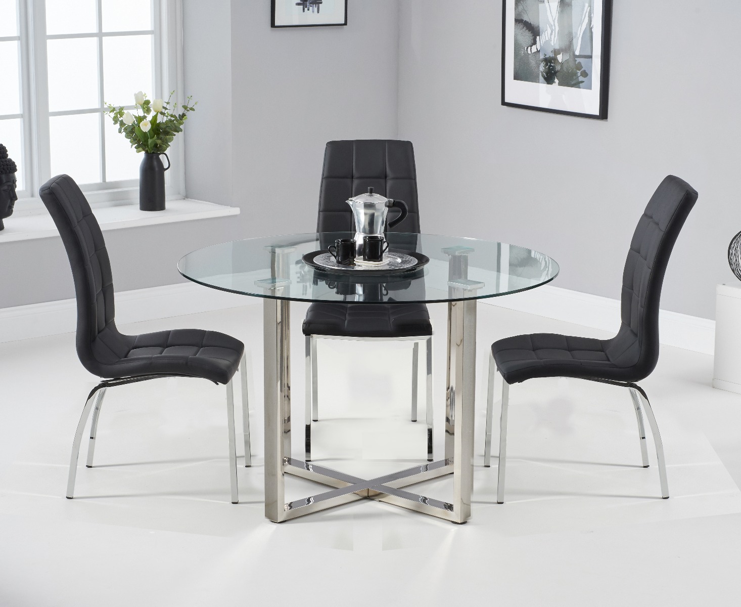 Product photograph of Vaso 120cm Round Glass Dining Table With 4 Black Enzo Chairs from Oak Furniture Superstore