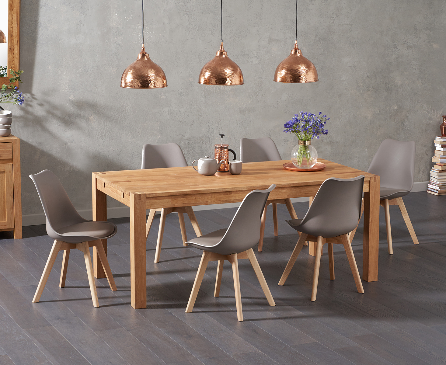 Product photograph of Verona 150cm Solid Oak Dining Table With 8 Light Grey Orson Faux Leather Chairs from Oak Furniture Superstore