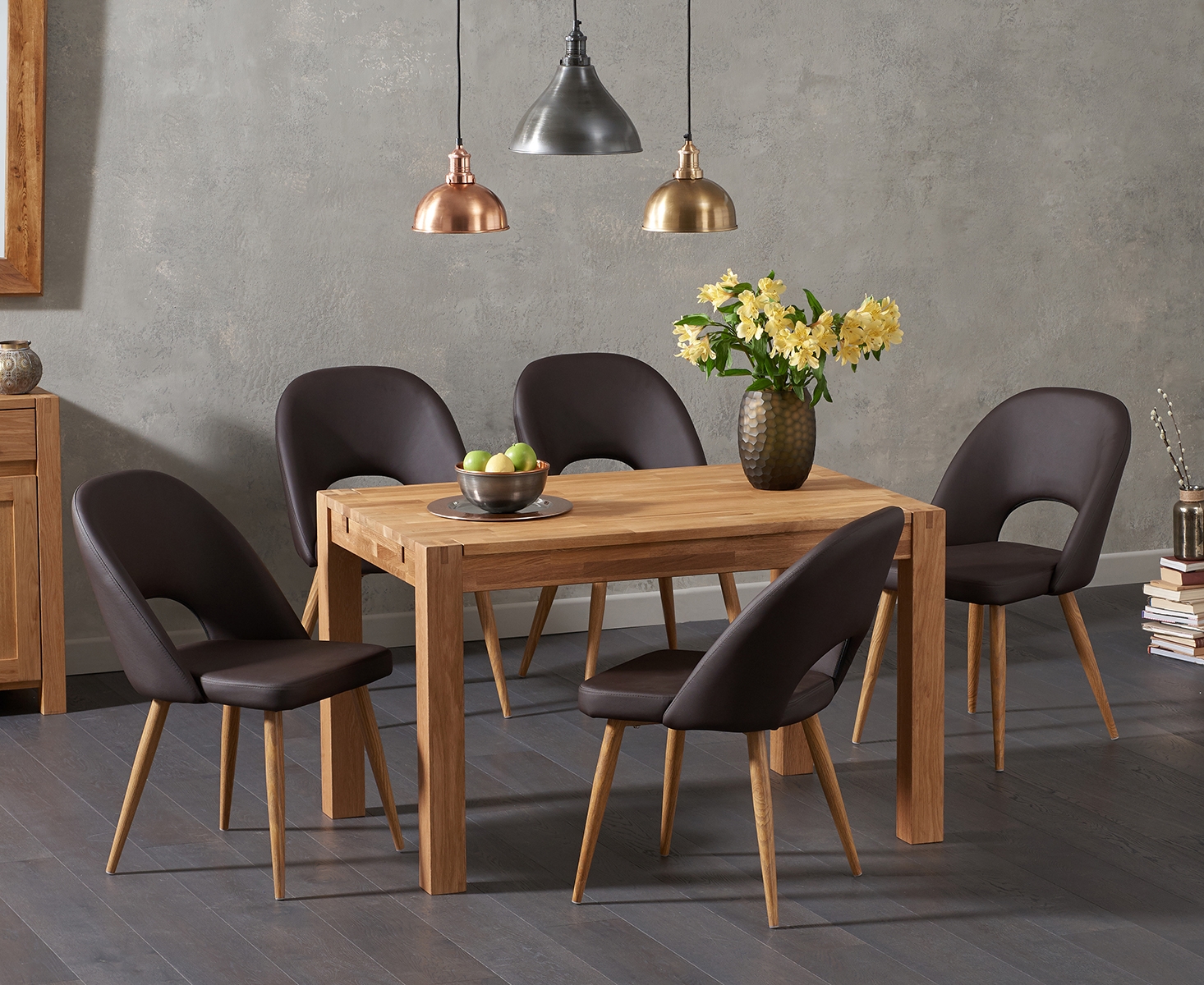 Verona 120cm Solid Oak Dining Table With 4 Grey Hudson Faux Leather Chairs