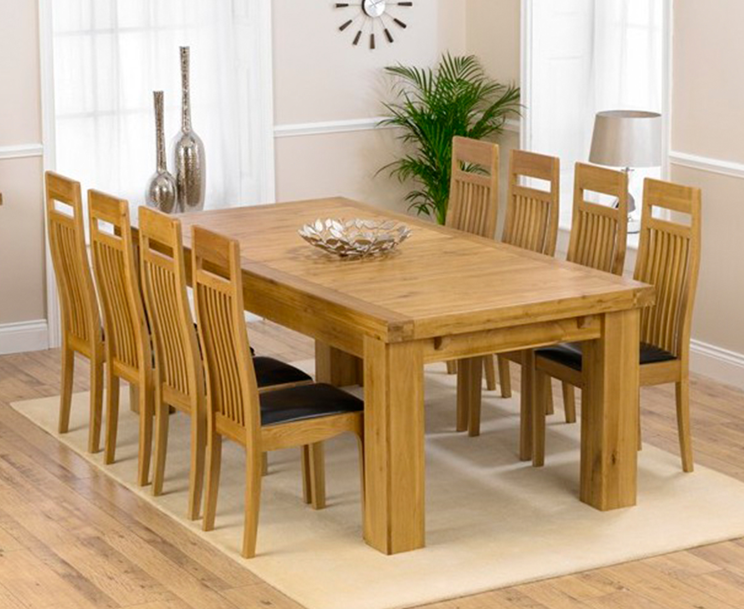 Loire 230cm Solid Oak Extending Dining Table With 8 Black Monaco Chairs