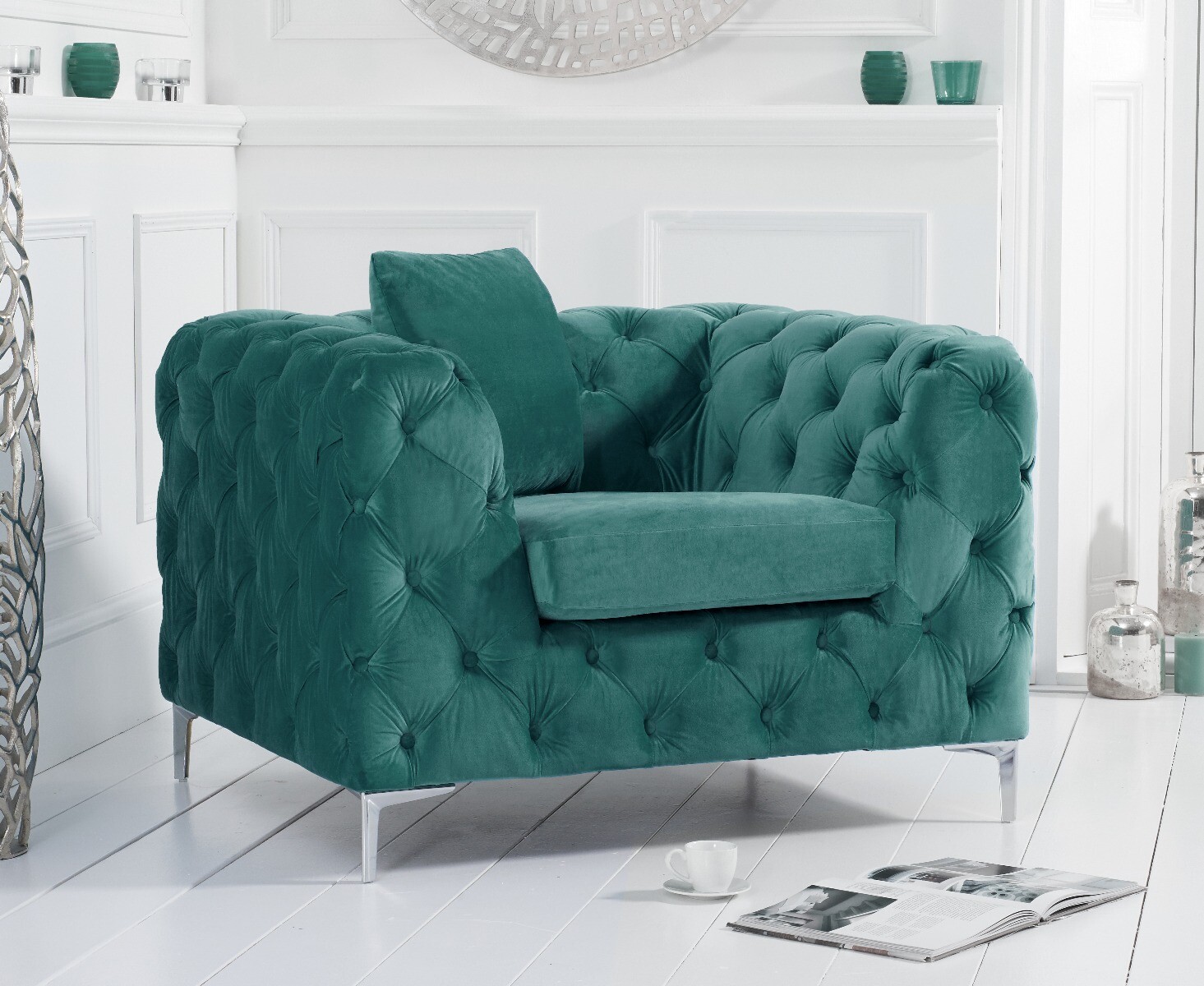 Product photograph of Alara Green Velvet Armchair from Oak Furniture Superstore