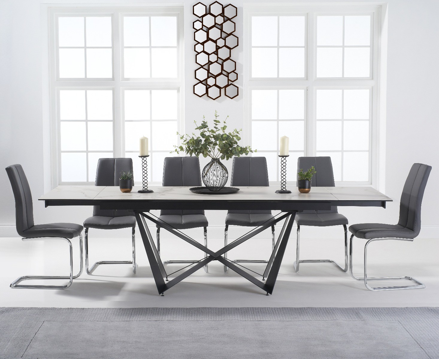 Blenheim 180cm White Ceramic Dining Table With 10 Grey Tarin Chairs