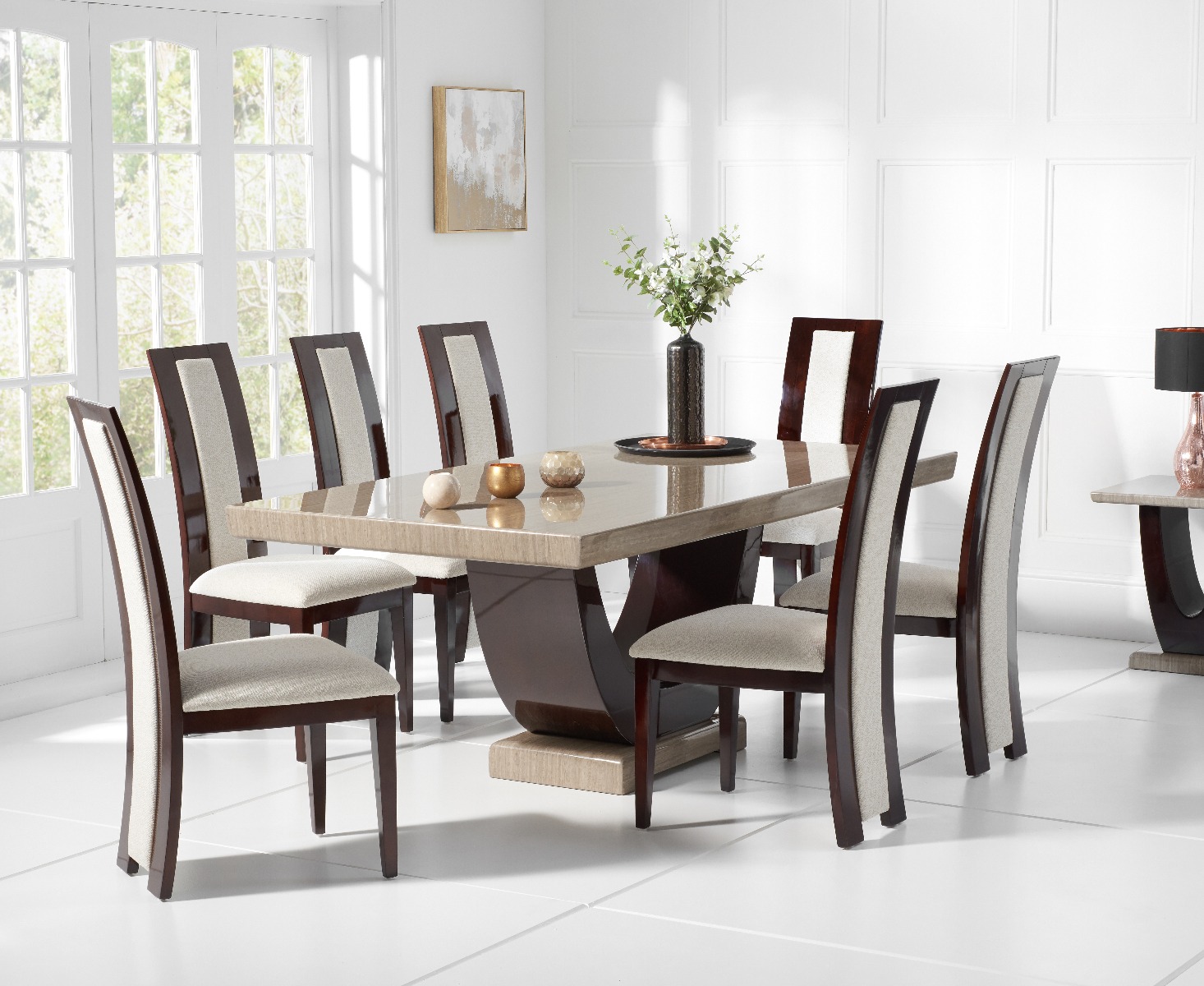 Product photograph of Raphael 200cm Brown Pedestal Marble Dining Table With 6 Black Novara Chairs from Oak Furniture Superstore
