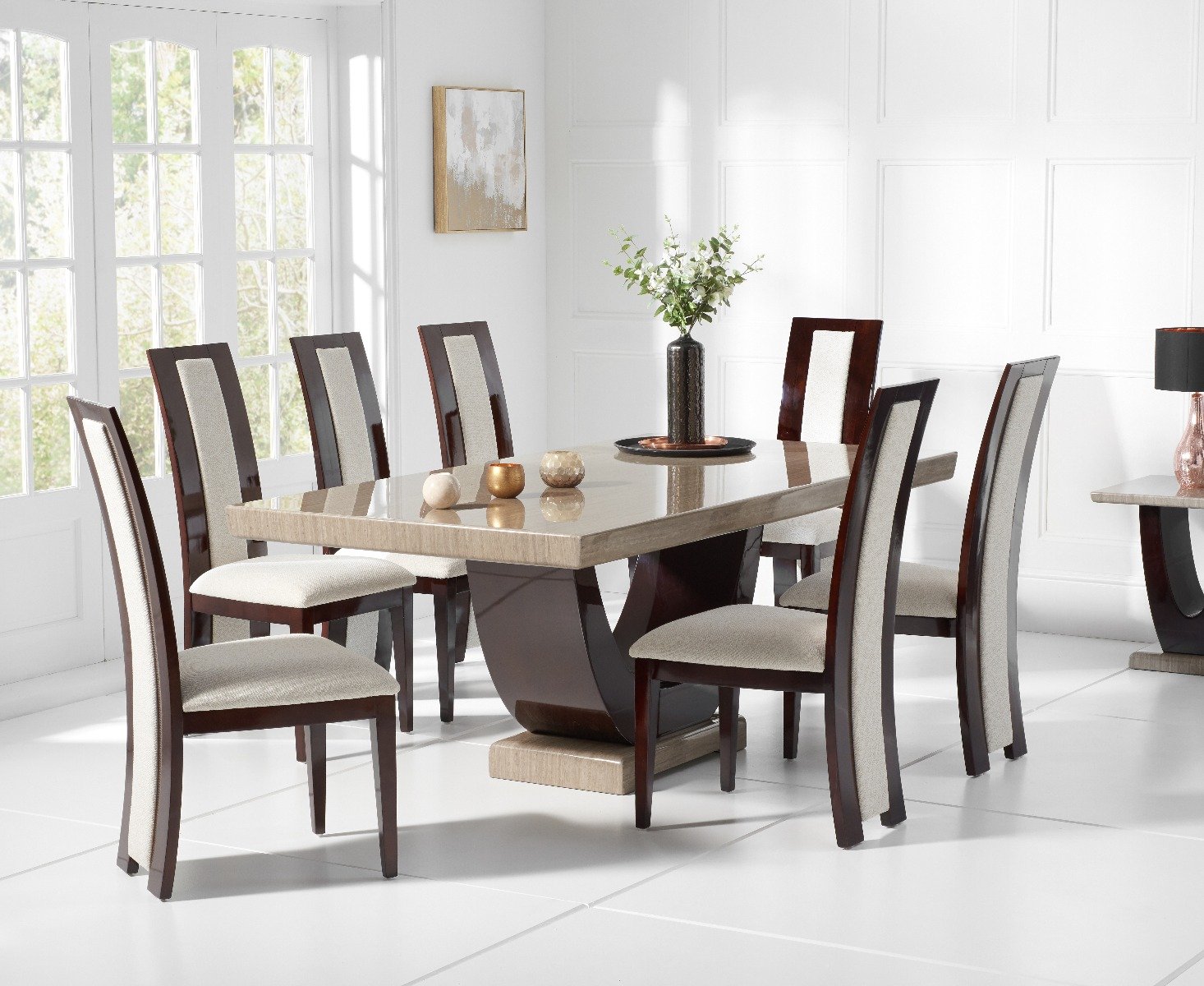 Raphael 200cm Brown Pedestal Marble Dining Table With 8 Black Novara Chairs