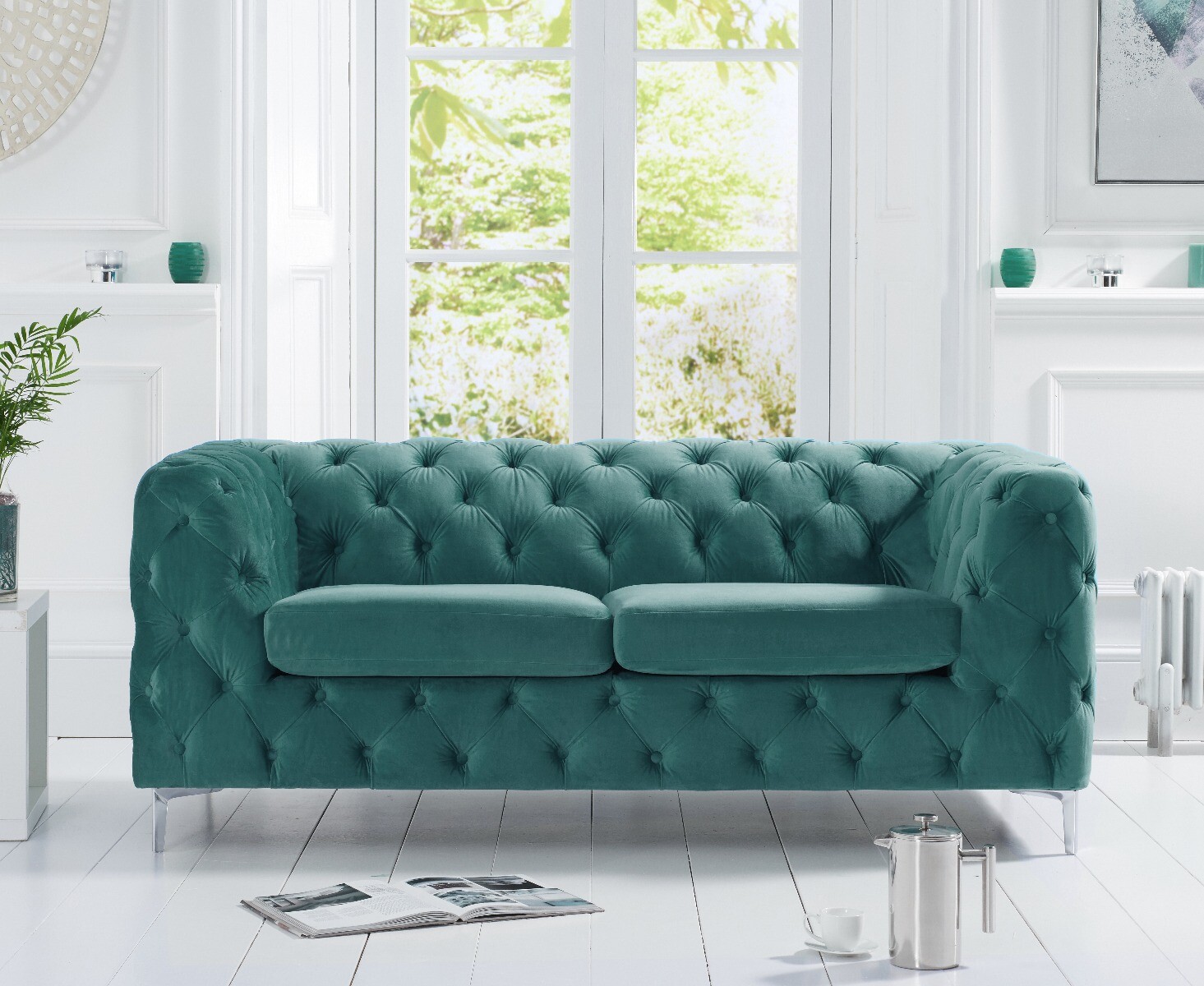 Product photograph of Alara Green Velvet 2 Seater Sofa from Oak Furniture Superstore.