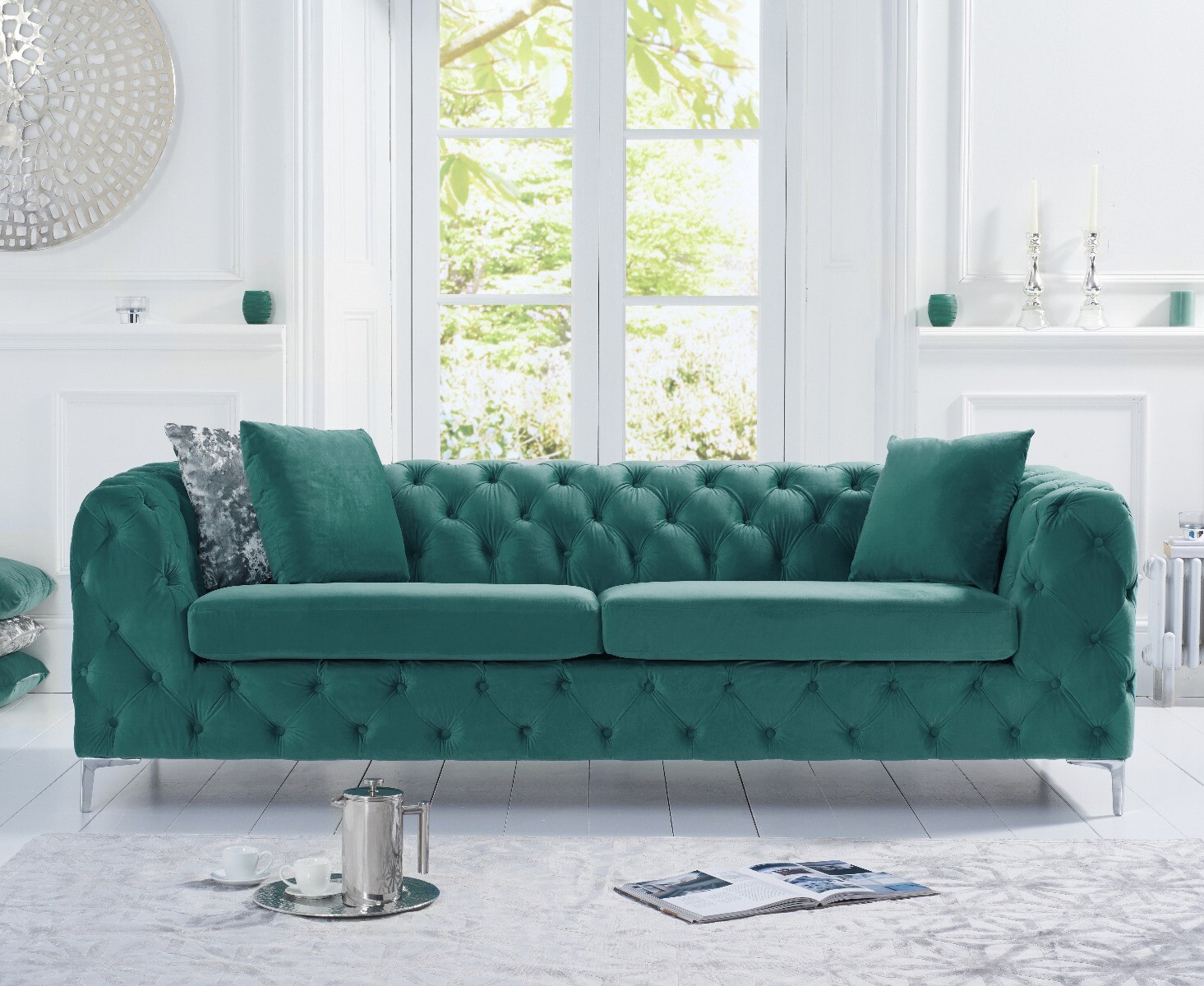 Product photograph of Alara Green Velvet 3 Seater Sofa from Oak Furniture Superstore