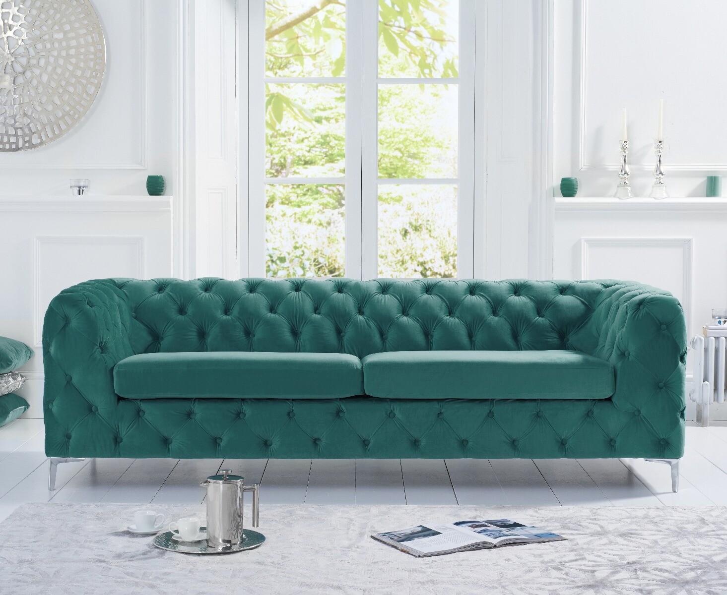 Product photograph of Alara Green Velvet 3 Seater Sofa from Oak Furniture Superstore.