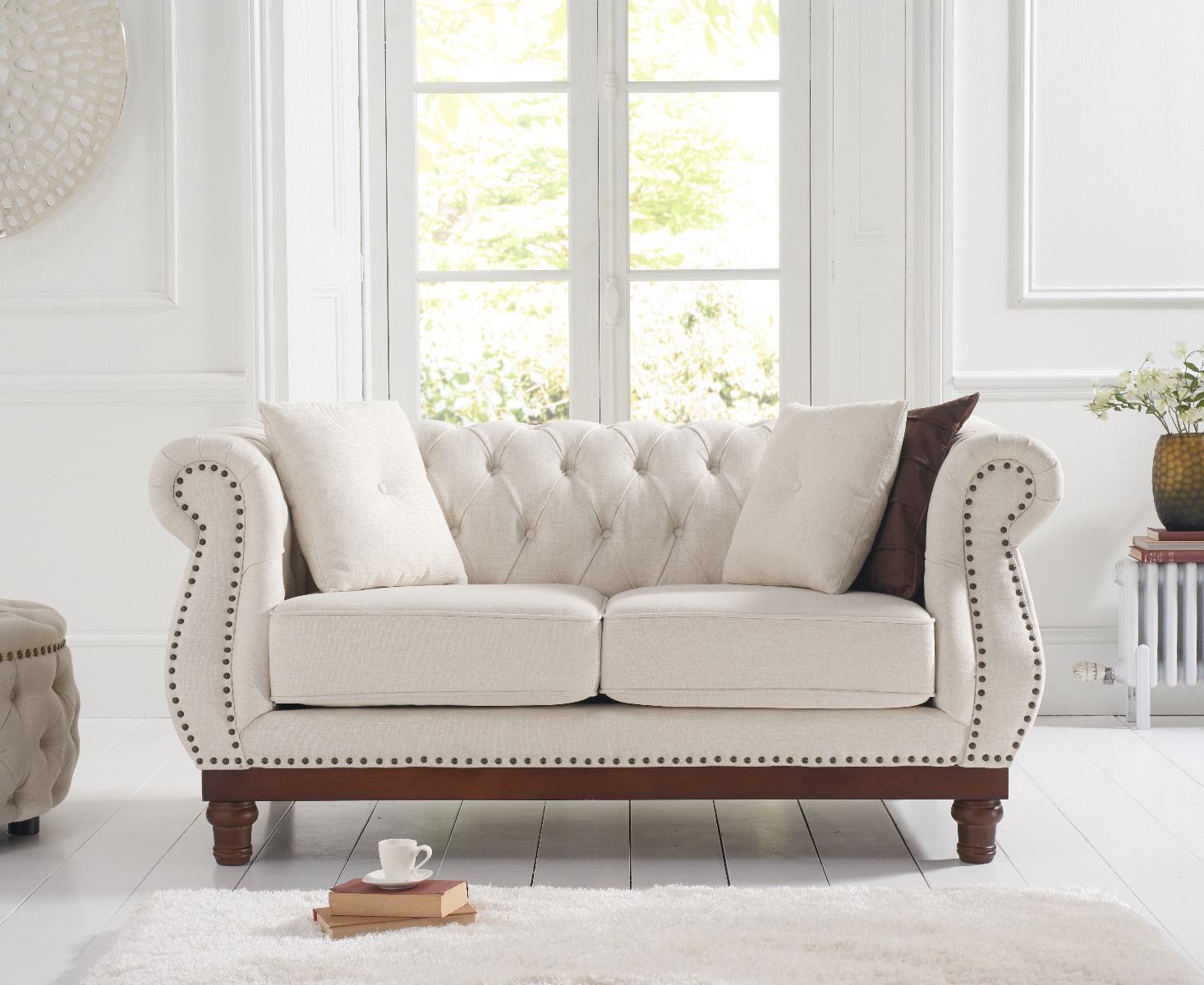 Harrow Chesterfield Ivory Linen Fabric 2 Seater Sofa