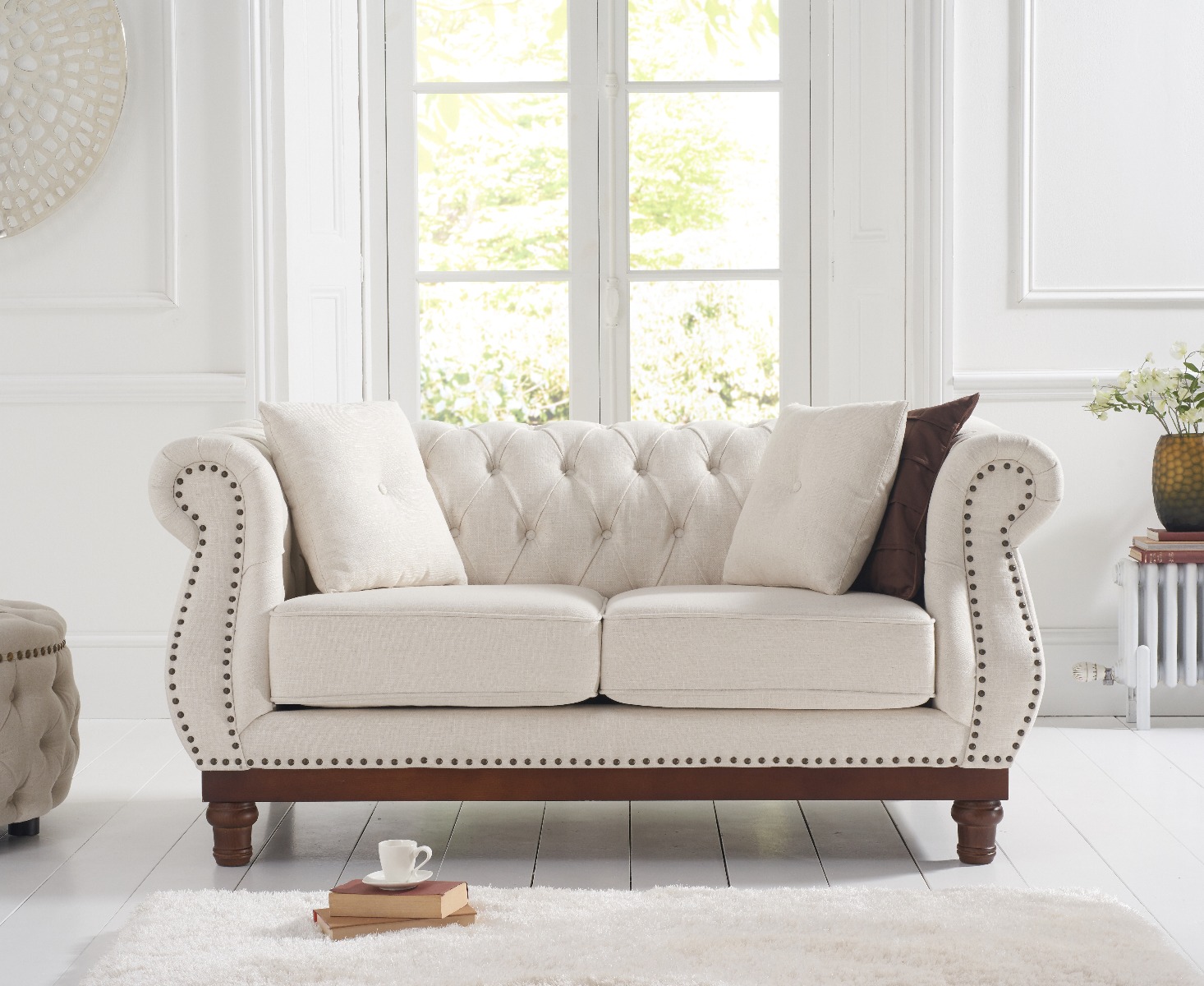 Harrow Chesterfield Ivory Linen Fabric 2 Seater Sofa