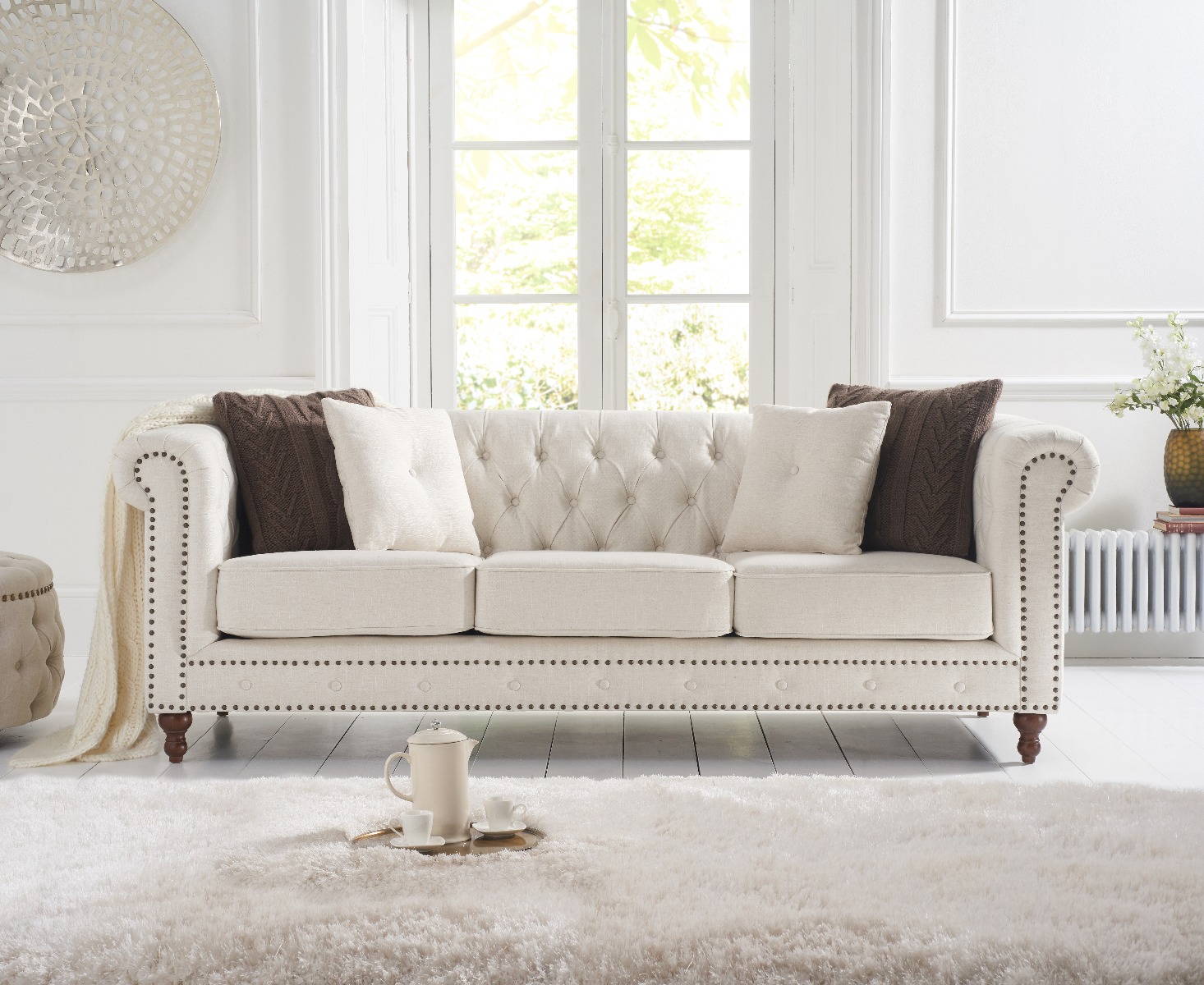 Product photograph of Westminster Chesterfield Ivory Linen 3 Seater Sofa from Oak Furniture Superstore