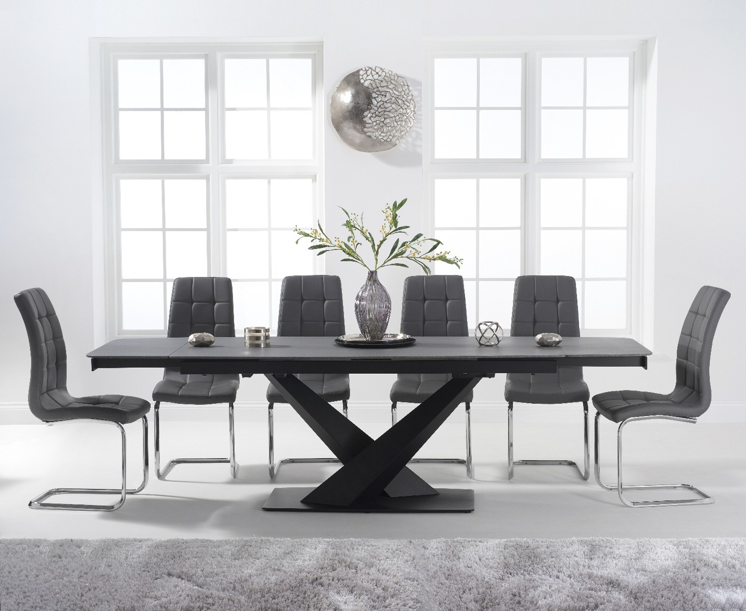 Extending Jacob 180cm Grey Stone Dining Table With 6 Black Vigo Chairs