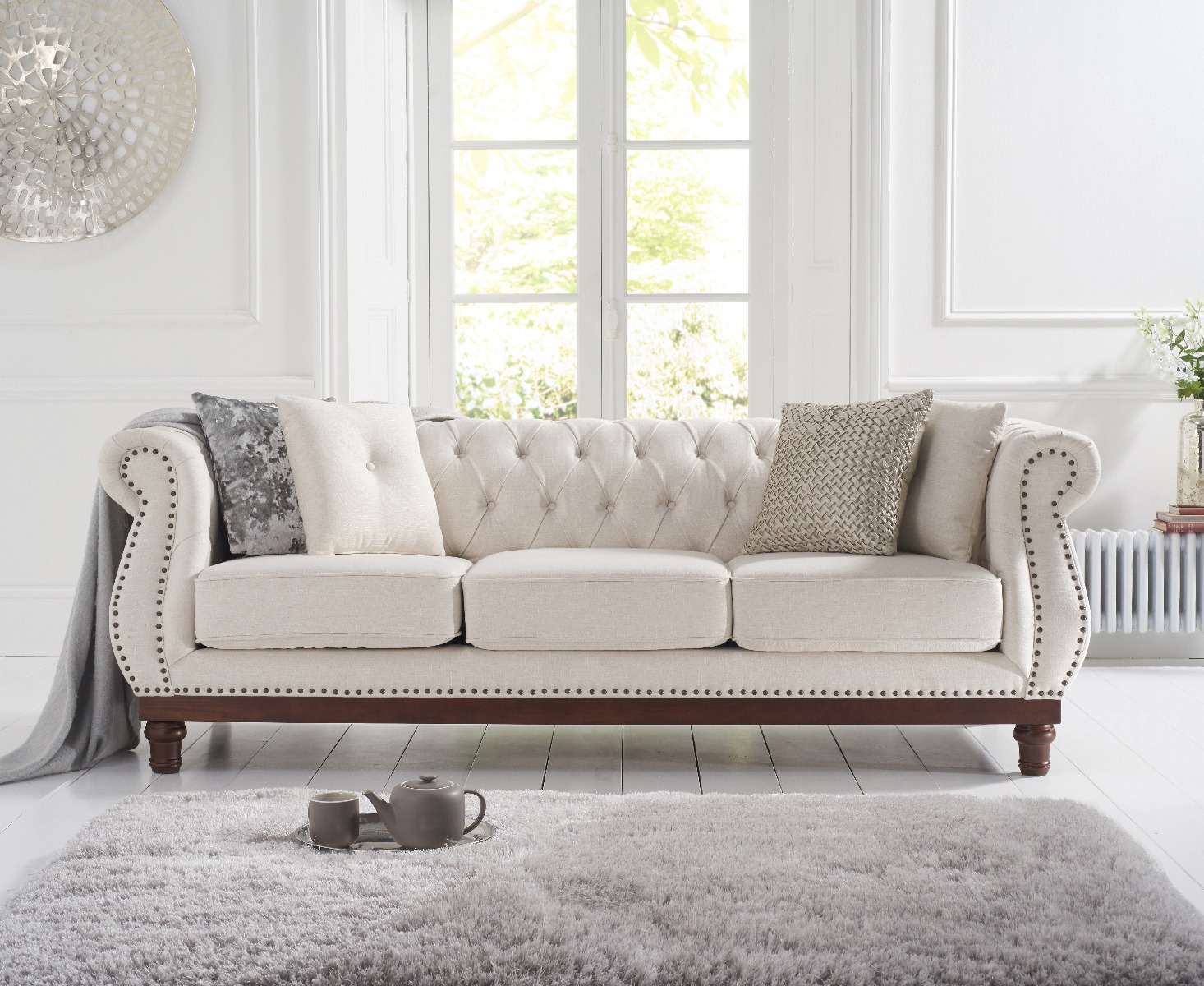 Product photograph of Harrow Chesterfield Ivory Linen Fabric 3 Seater Sofa from Oak Furniture Superstore
