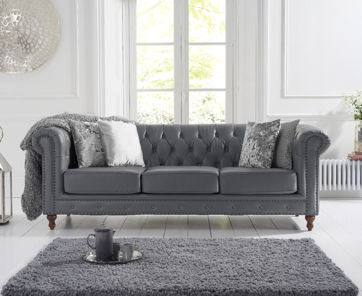 Milano Chesterfield Grey Leather 3 Seater Sofa