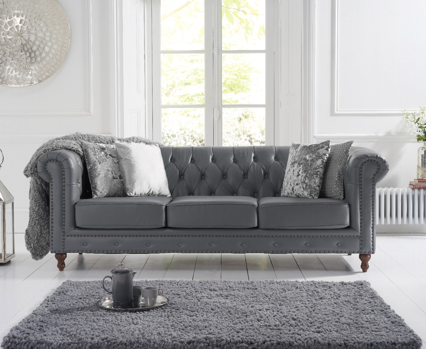 Product photograph of Milano Chesterfield Grey Leather 3 Seater Sofa from Oak Furniture Superstore