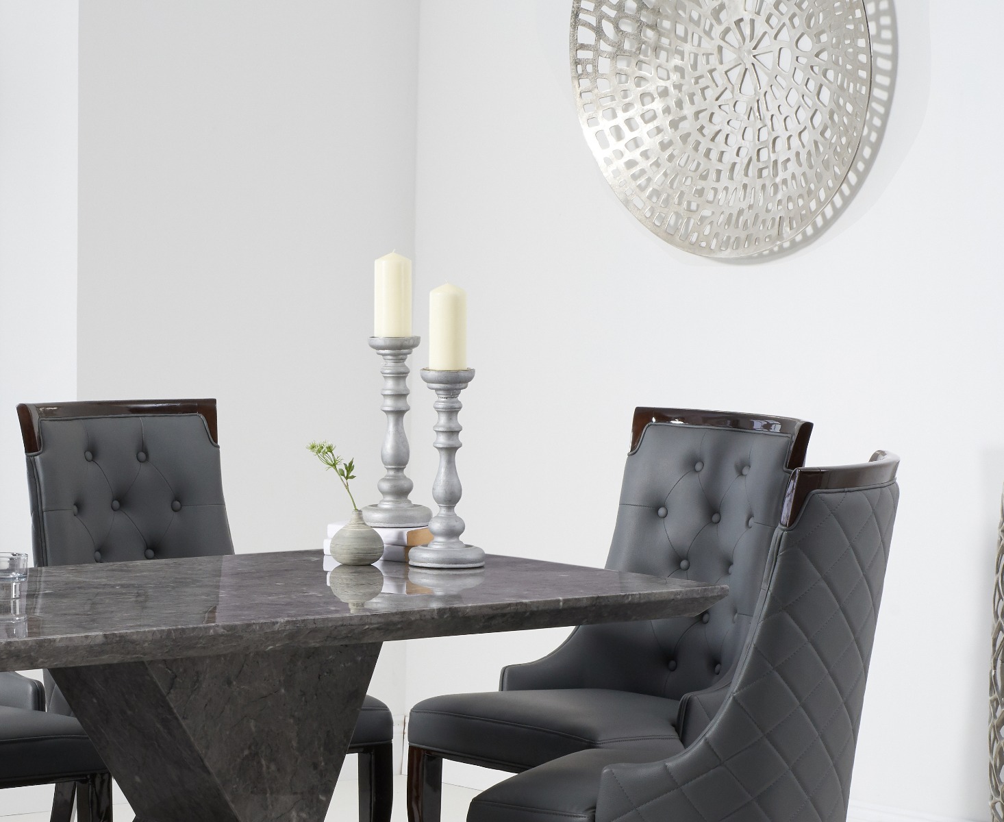 Photo 2 of Aaron 160cm marble grey dining table with 8 cream francesca chairs