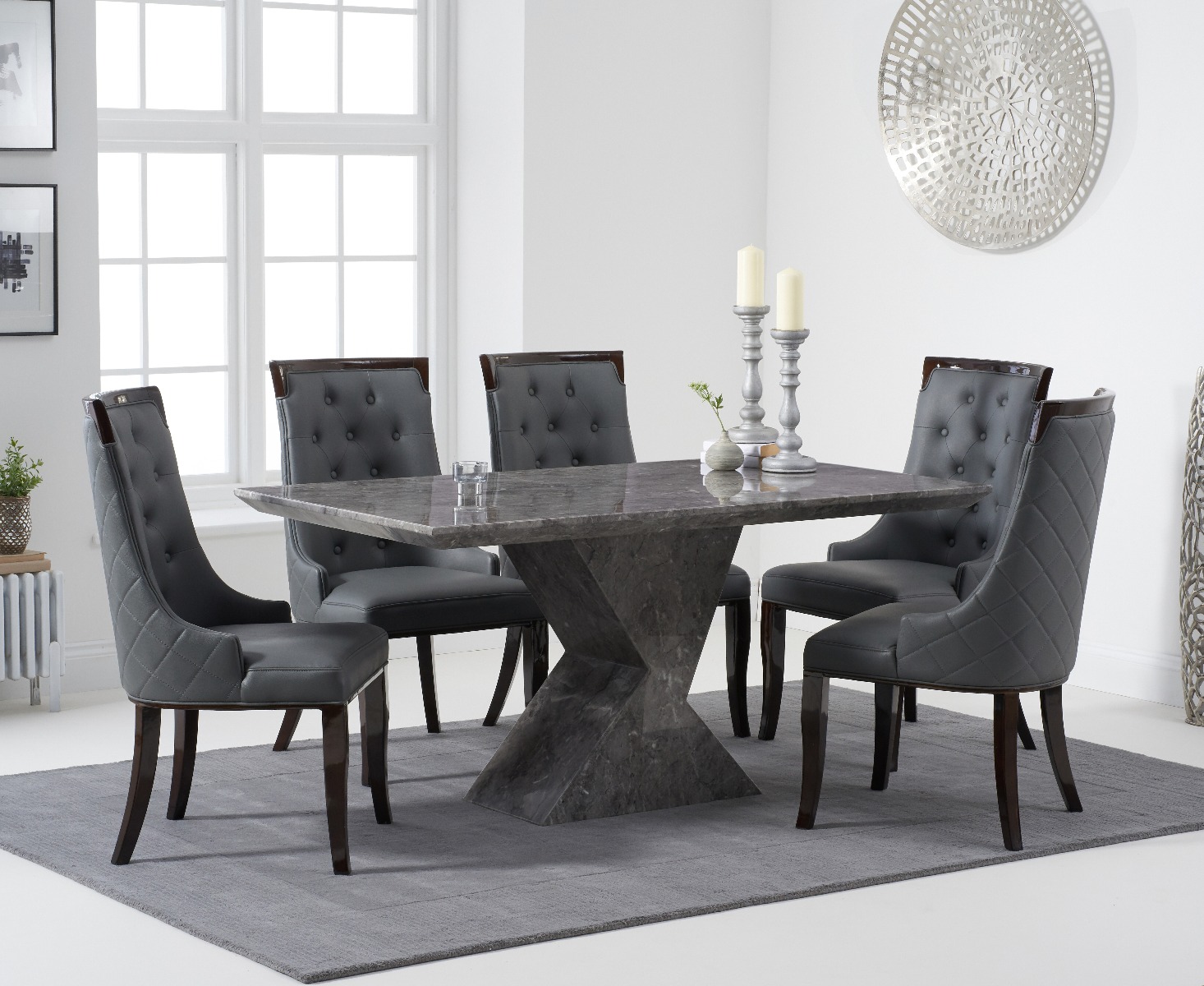 Photo 1 of Aaron 160cm marble grey dining table with 8 cream francesca chairs
