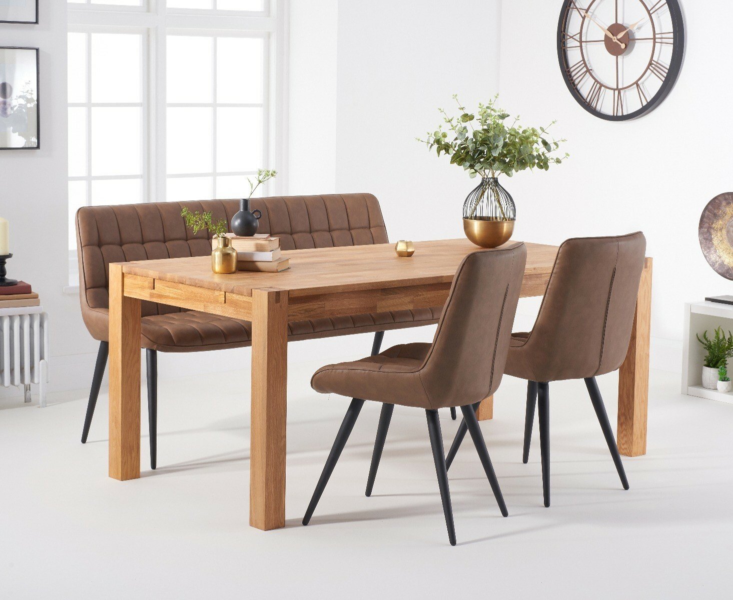 Thetford 180cm Oak Dining Table With Thetford 45cm Oak Extensions With 6 Brown Larson Chairs With 1 Brown Bench