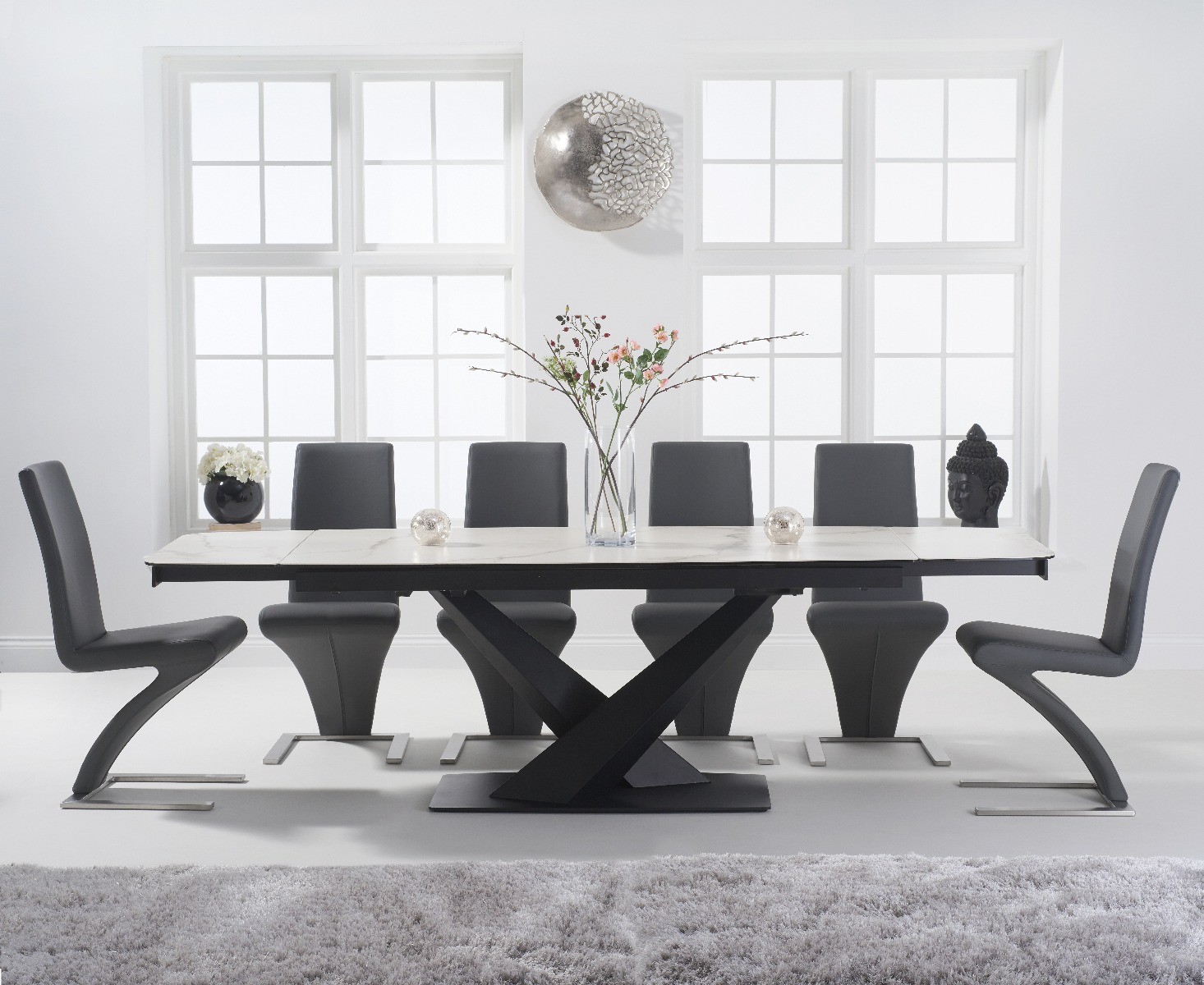 Photo 1 of Extending jacob 180cm white ceramic dining table with 6 black aldo chairs