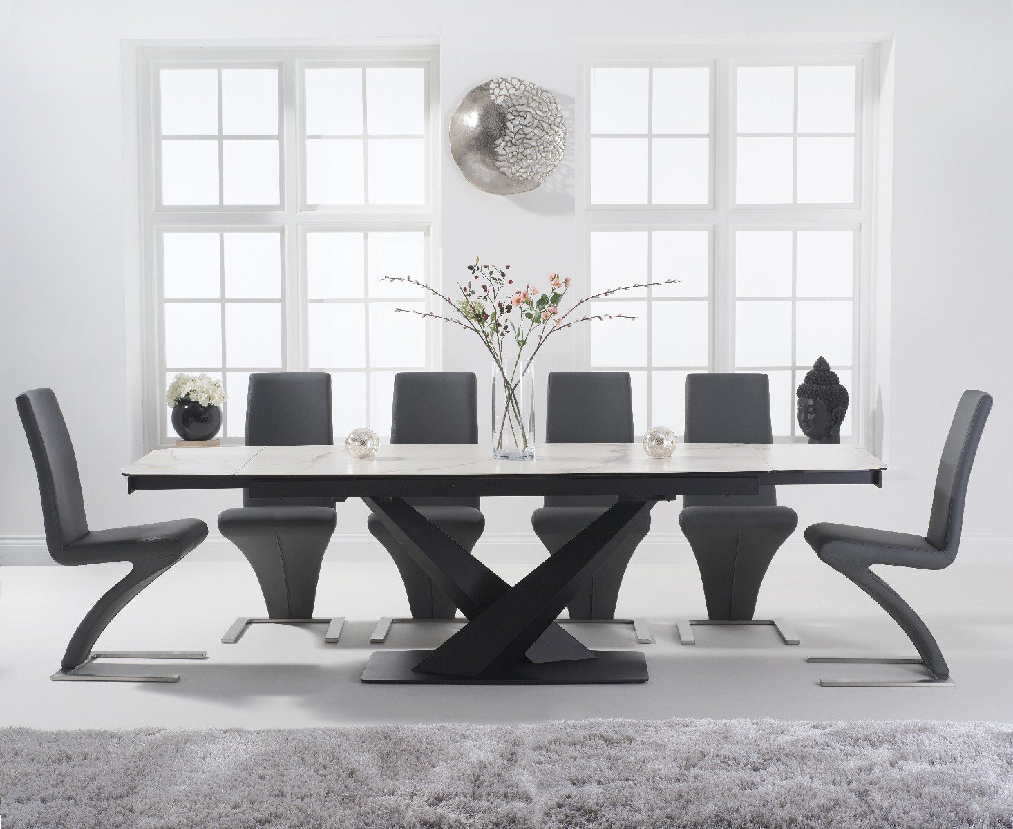 Extending Jacob 180cm White Ceramic Dining Table With 12 Black Aldo Chairs