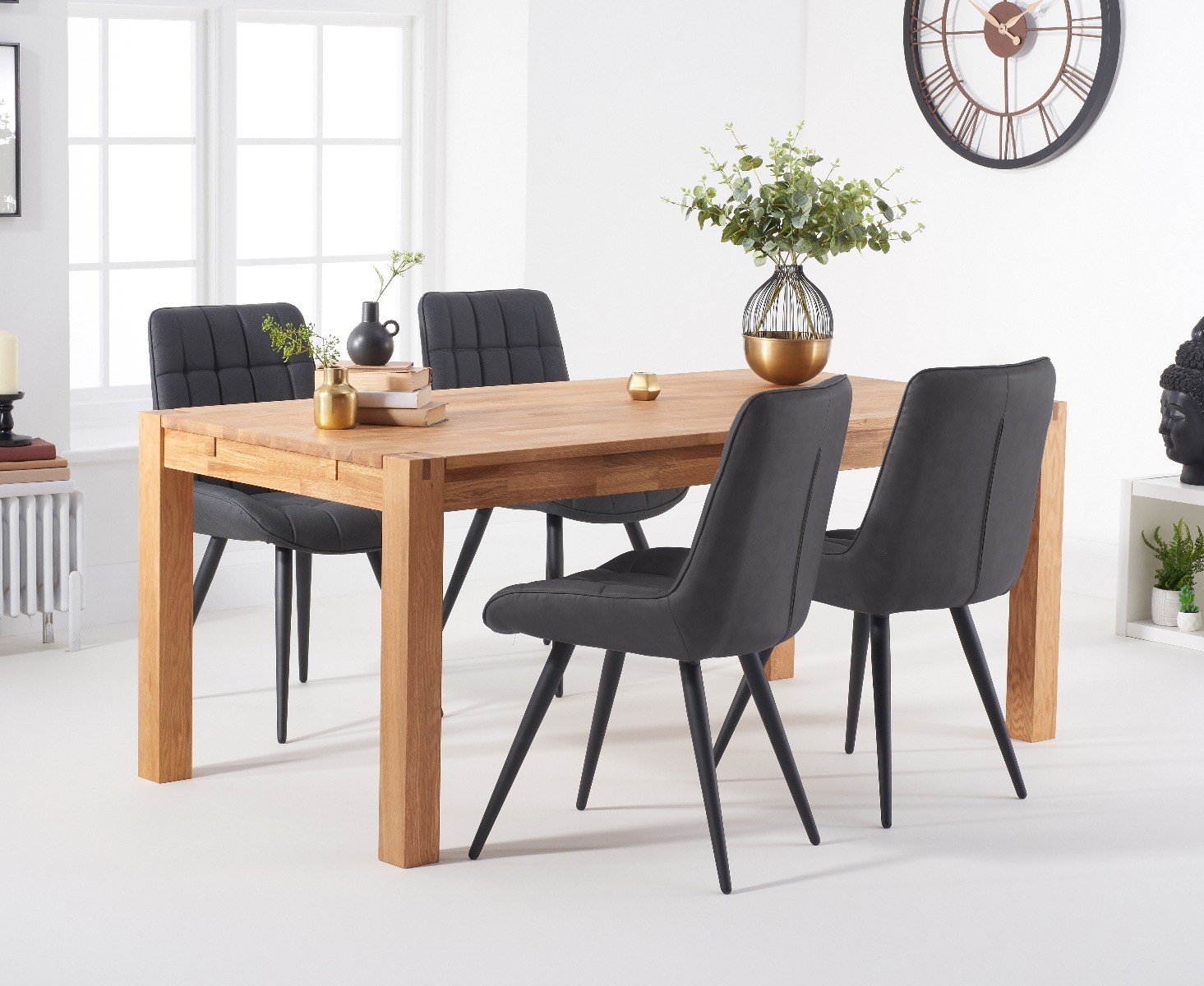 Product photograph of Verona 150cm Oak Table With 6 Grey Larson Faux Leather Chairs from Oak Furniture Superstore