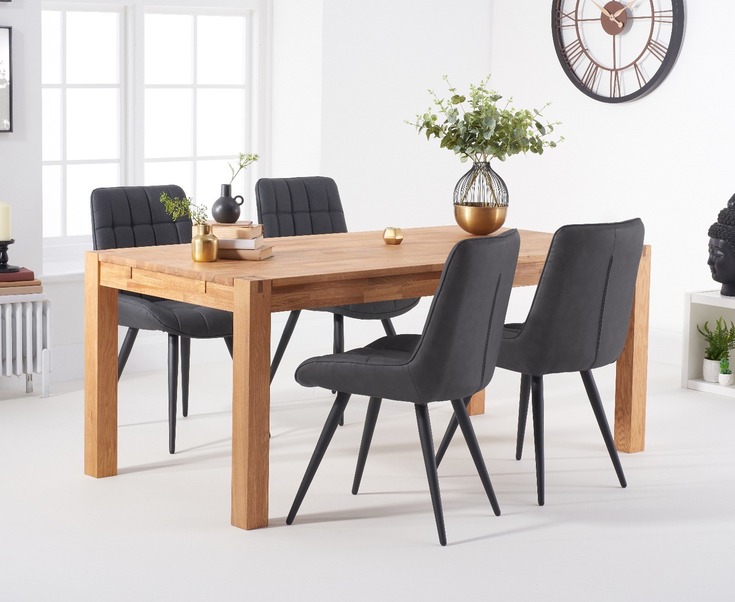 Product photograph of Thetford 180cm Oak Table With 8 Grey Larson Faux Leather Chairs from Oak Furniture Superstore