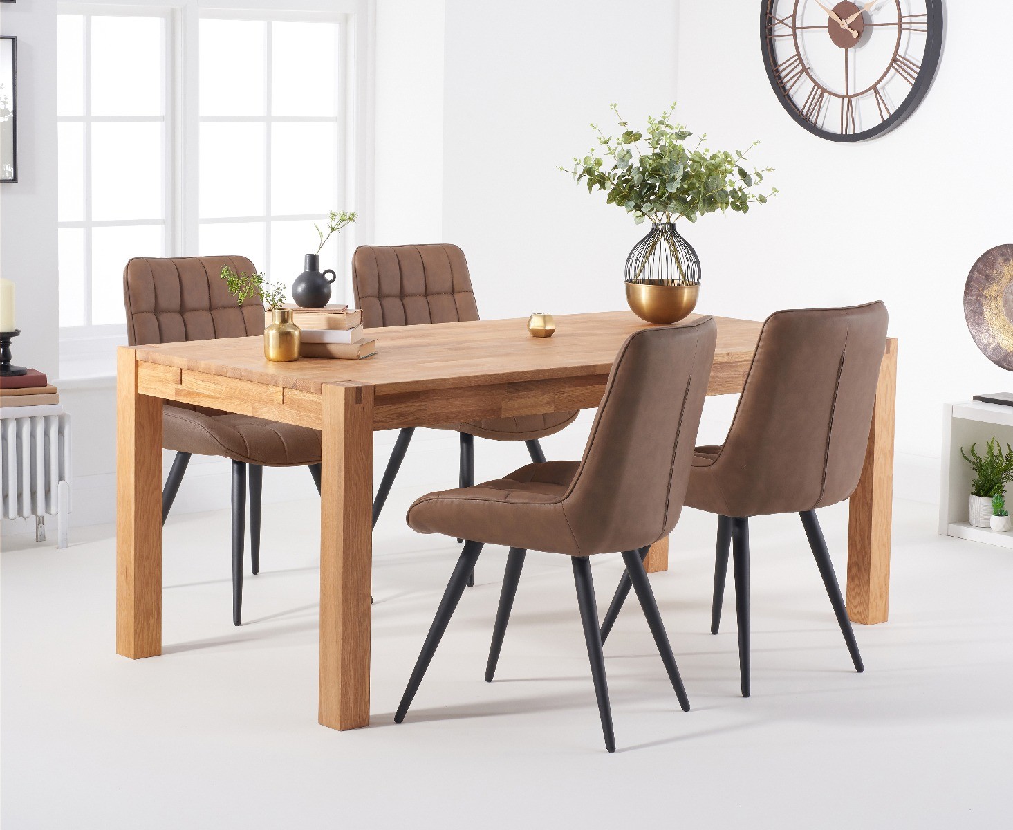 Product photograph of Verona 150cm Oak Table With 4 Brown Larson Faux Leather Chairs from Oak Furniture Superstore