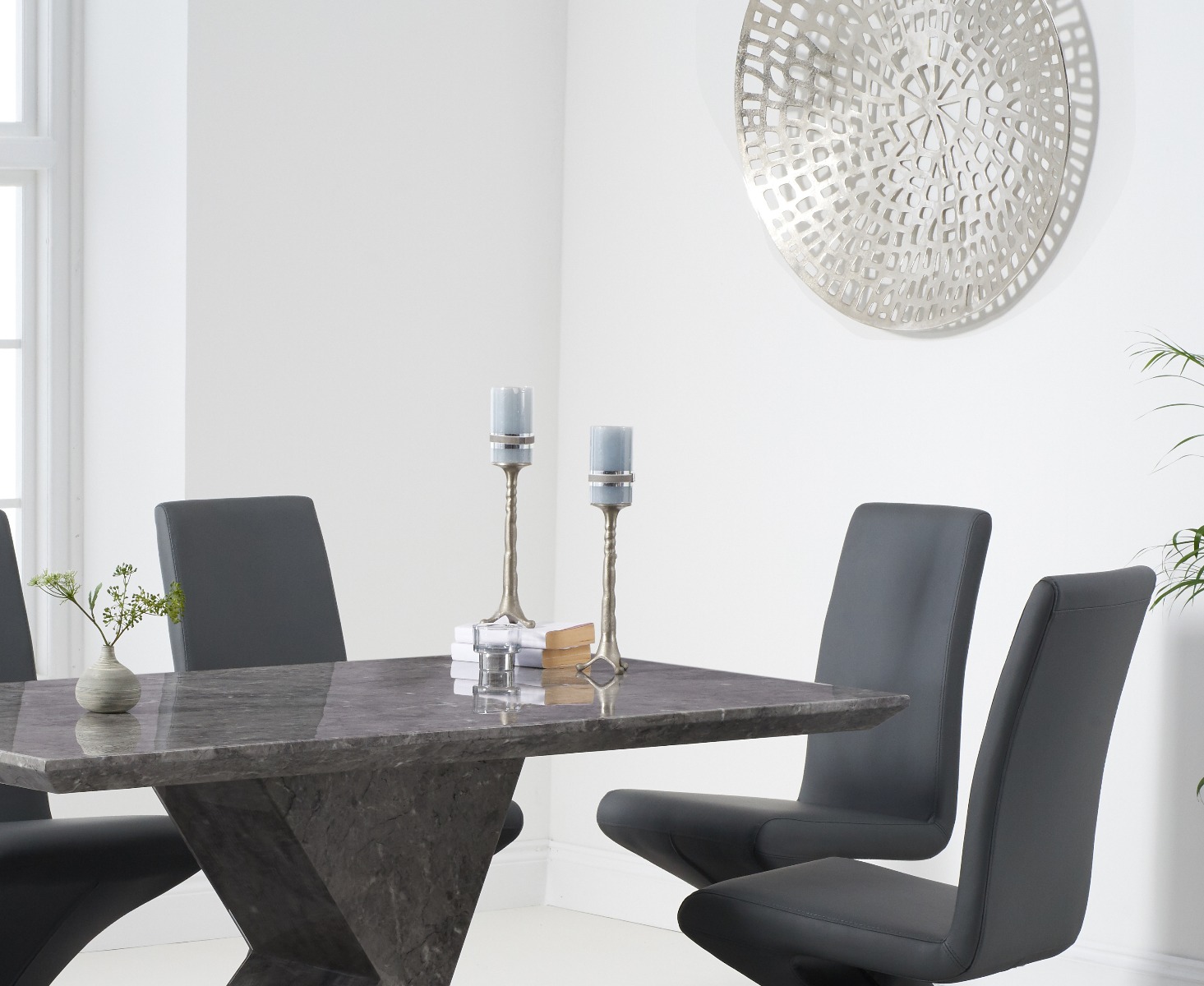 Photo 1 of Aaron 160cm grey marble dining table with 8 black aldo dining chairs