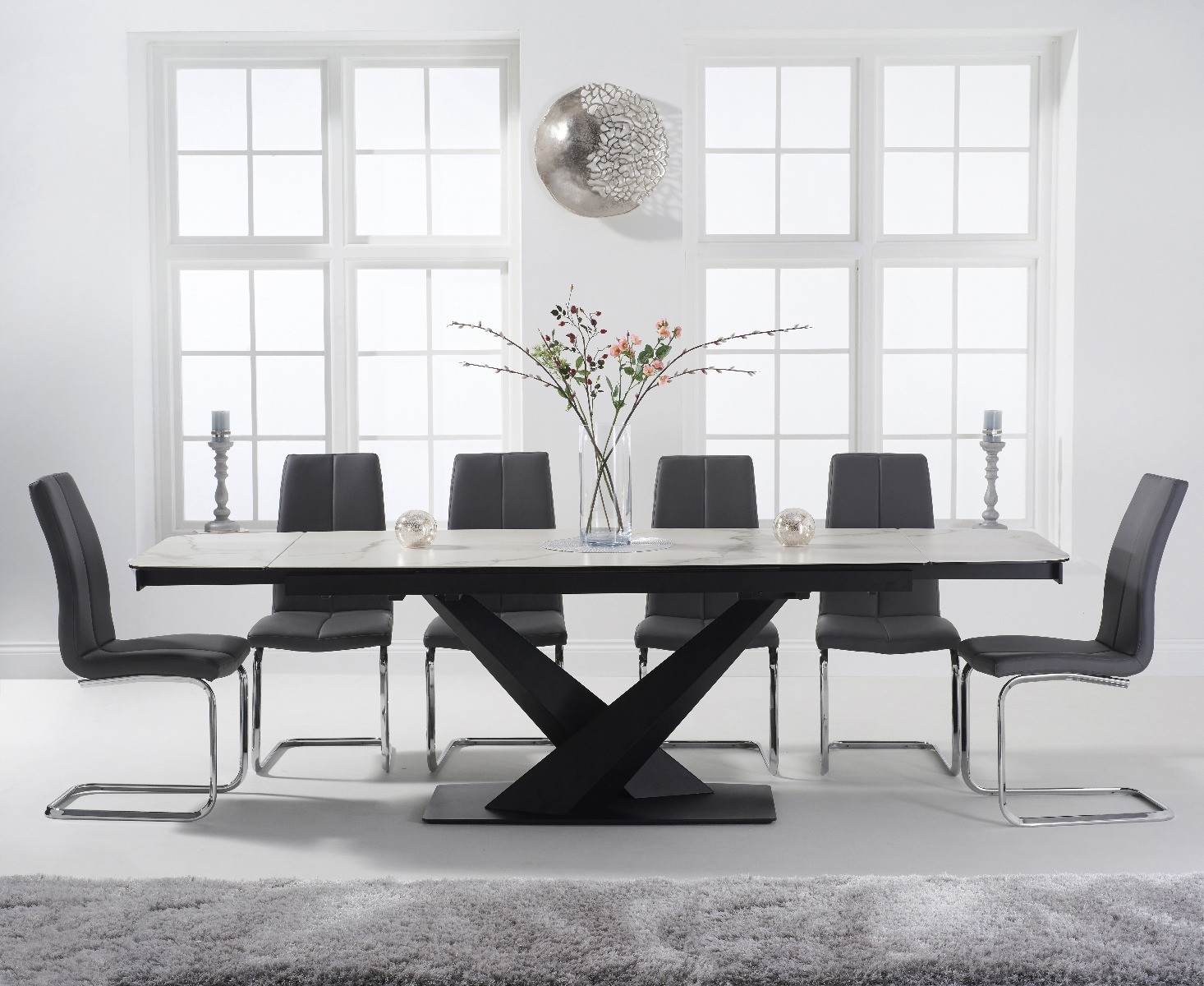 Product photograph of Extending Jacob 180cm White Ceramic Dining Table With 8 Grey Gianni Chairs from Oak Furniture Superstore