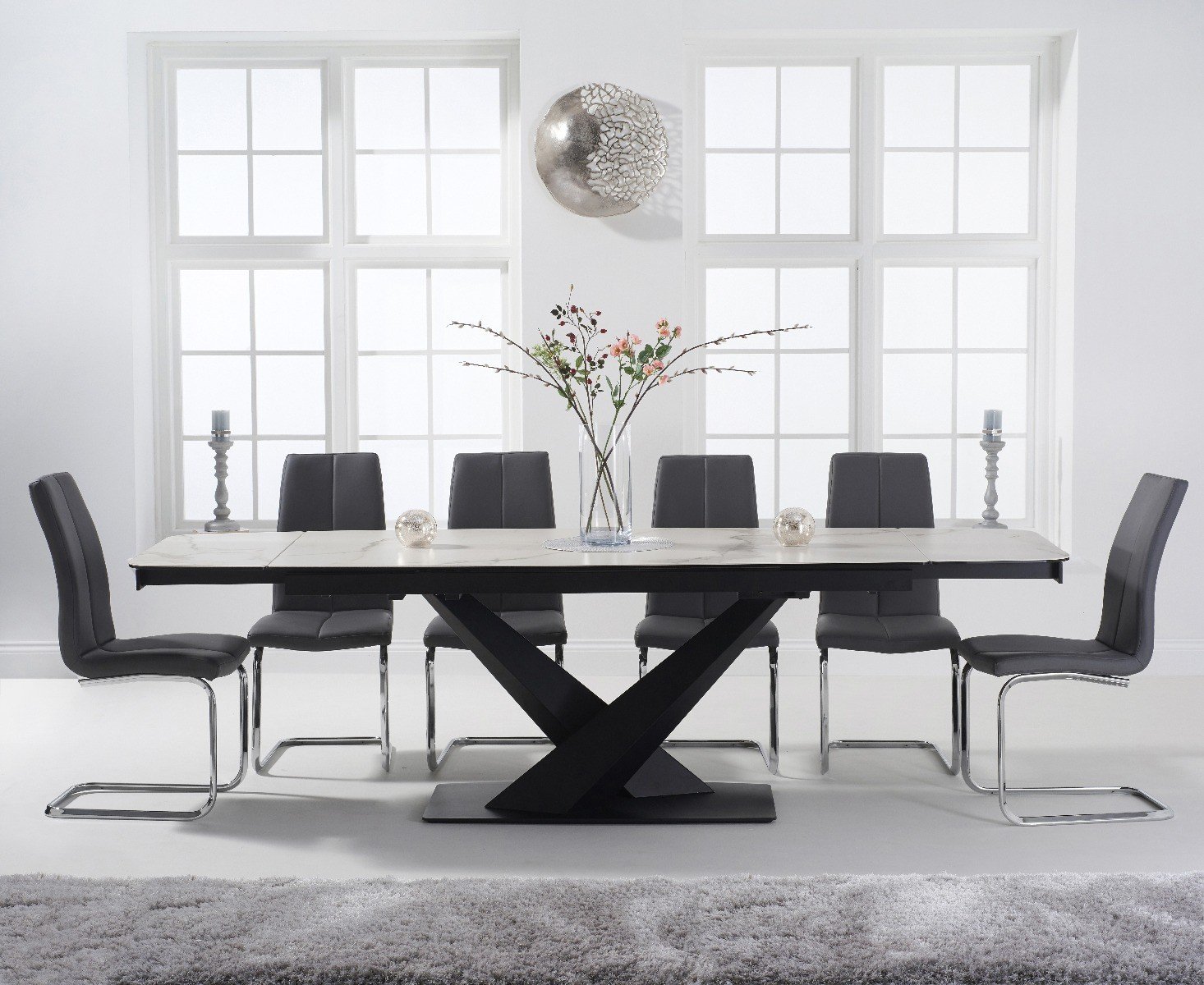 Extending Jacob 180cm White Ceramic Dining Table With 6 Grey Gianni Chairs