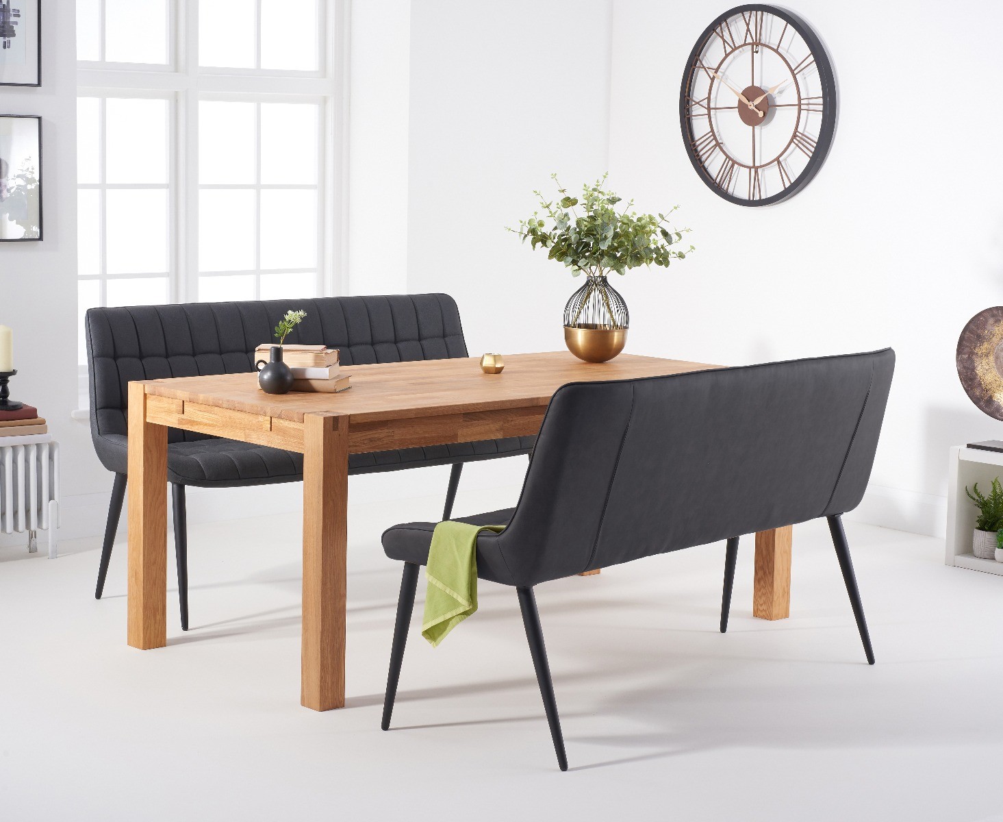Product photograph of Verona 150cm Oak Table With Larson Grey Faux Leather Benches from Oak Furniture Superstore