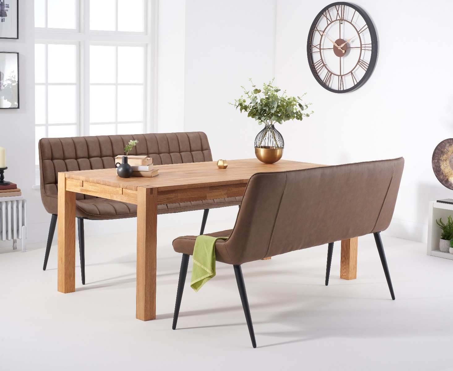 Product photograph of Verona 150cm Oak Table With Larson Brown Faux Leather Benches from Oak Furniture Superstore
