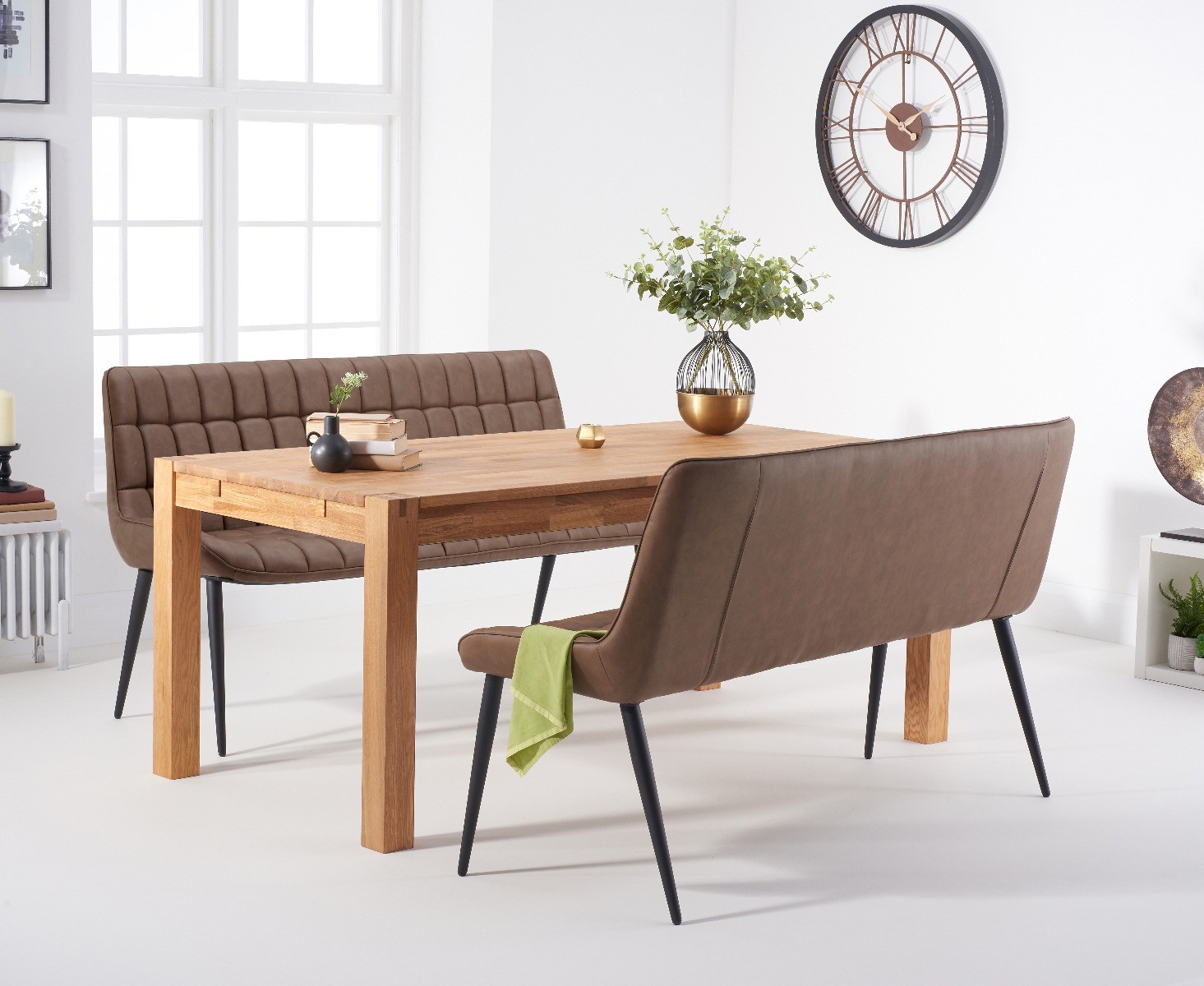 Thetford 150cm Oak Dining Table With 2 Brown Benches