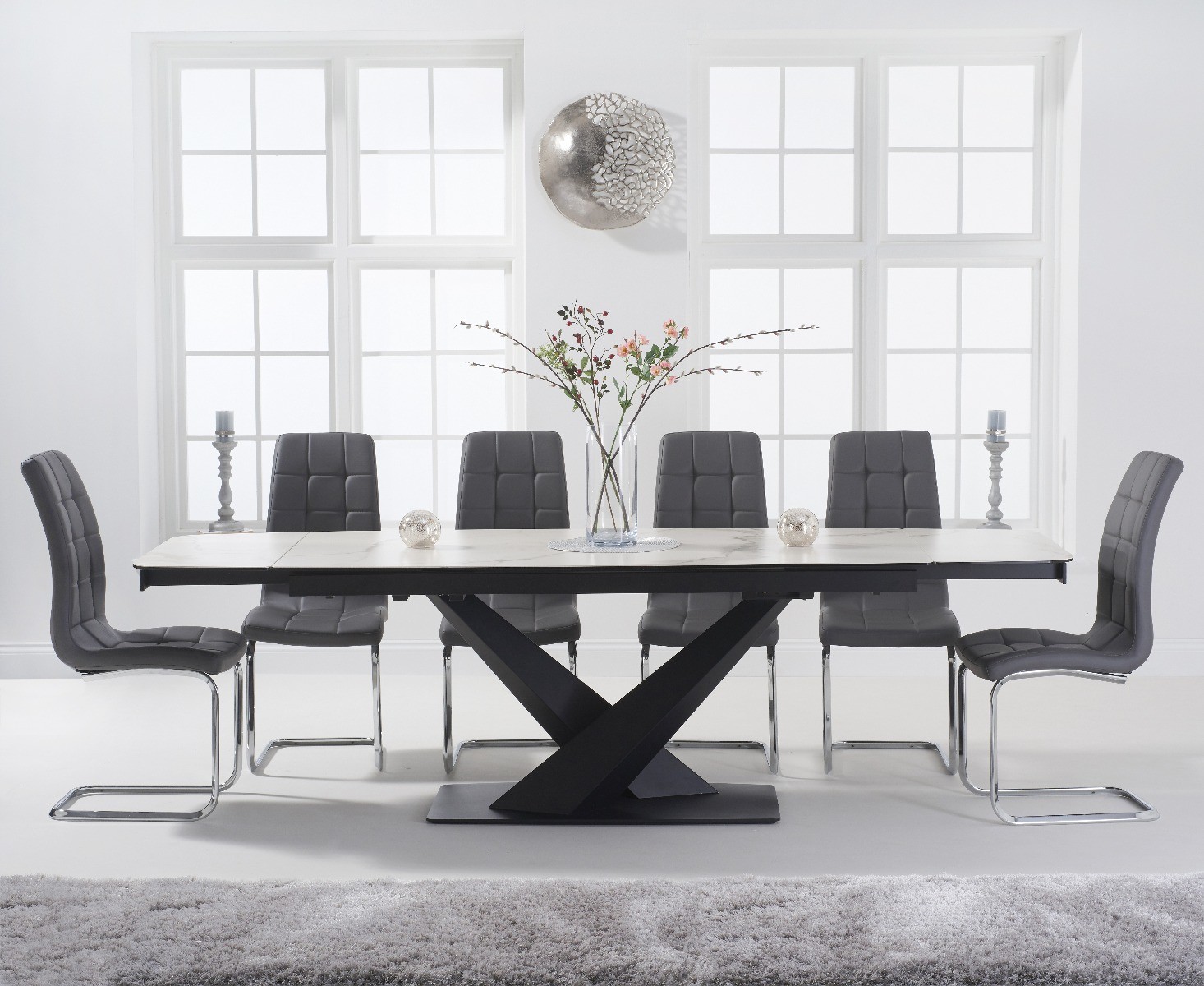 Extending Jacob 180cm White Ceramic Dining Table With 10 Black Vigo Chairs