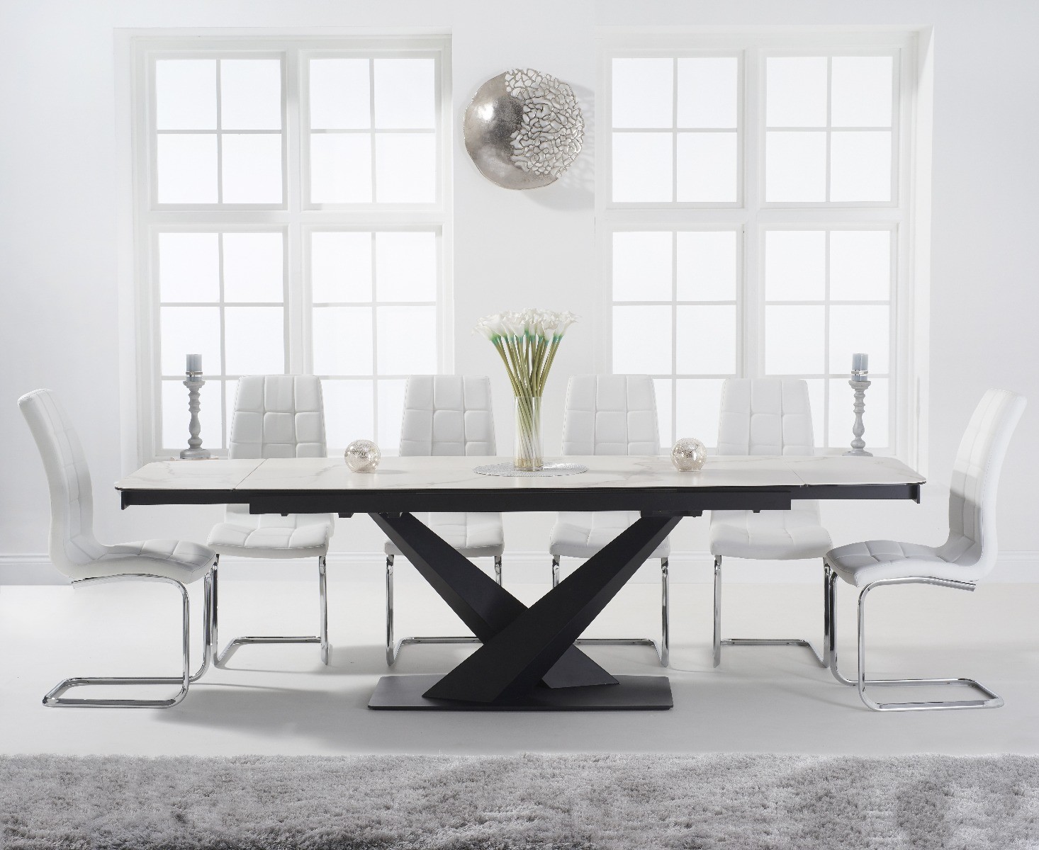 Photo 2 of Extending jacob 180cm white ceramic dining table with 10 black vigo chairs