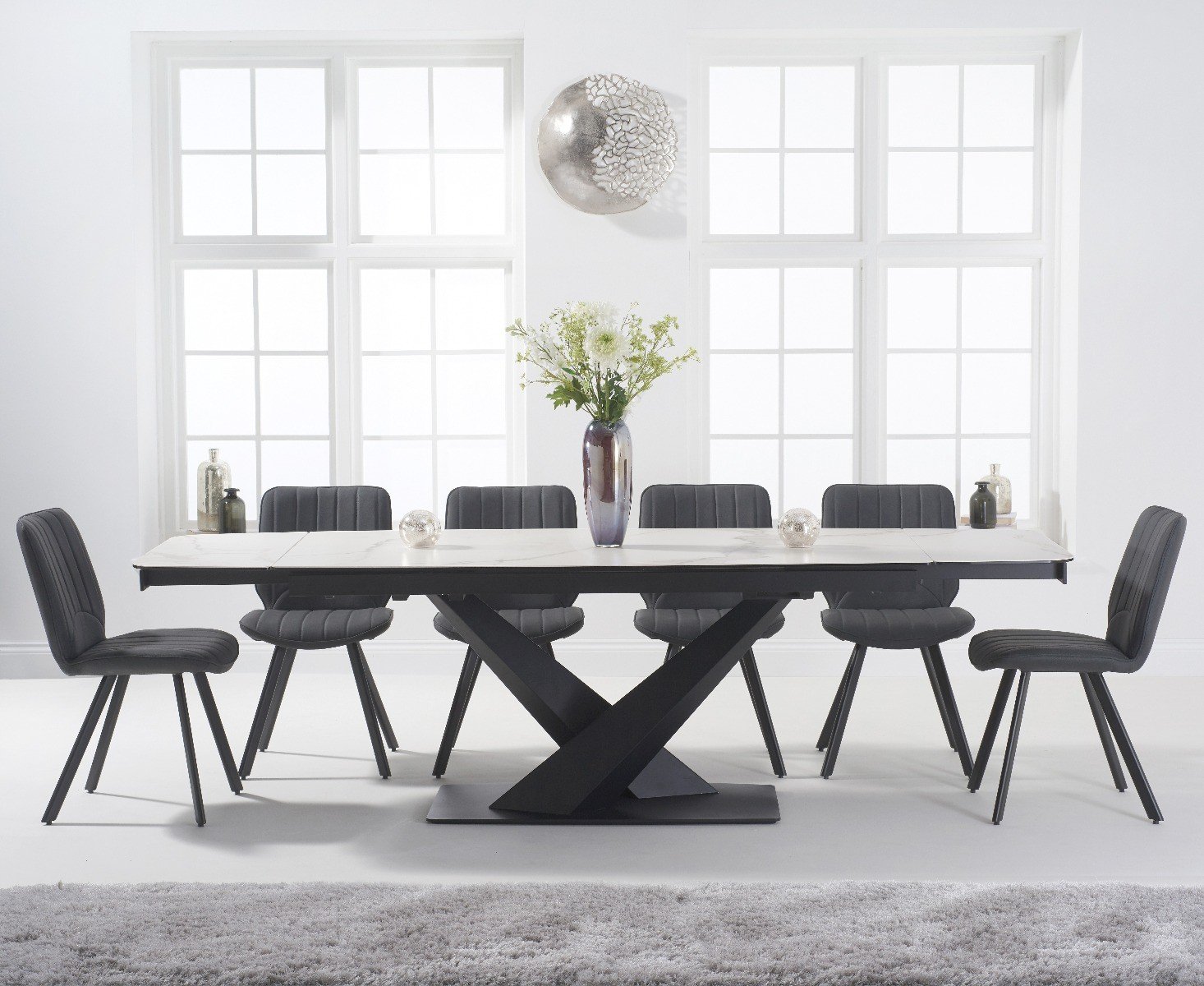 Photo 1 of Extending jacob 180cm white ceramic dining table with 12 brown hendrick chairs