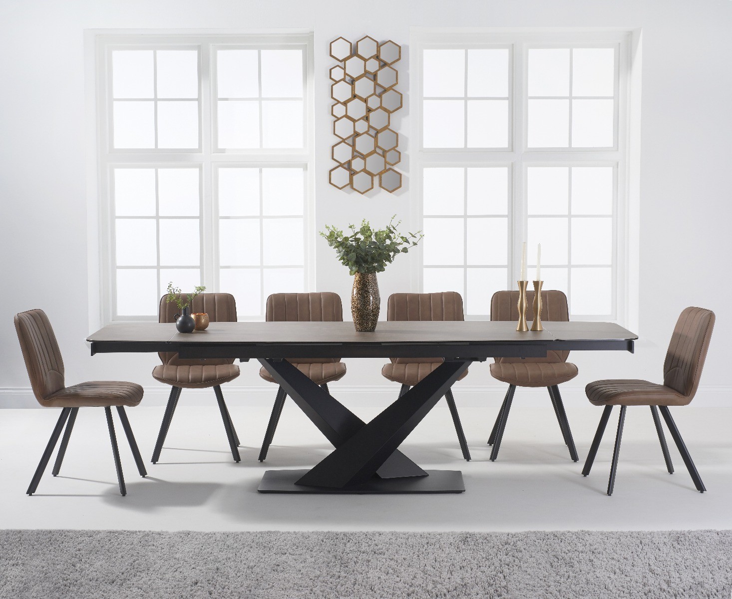 Extending Jacob 180cm Mink Ceramic Dining Table With 12 Brown Hendrick Chairs