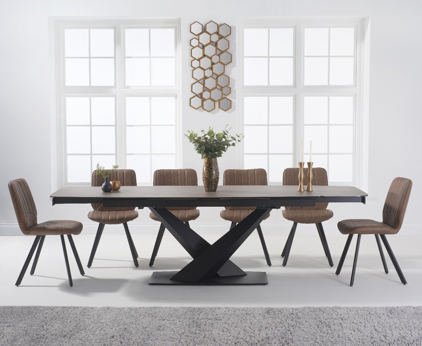 Extending Jacob 180cm Mink Ceramic Dining Table With 10 Brown Hendrick Chairs