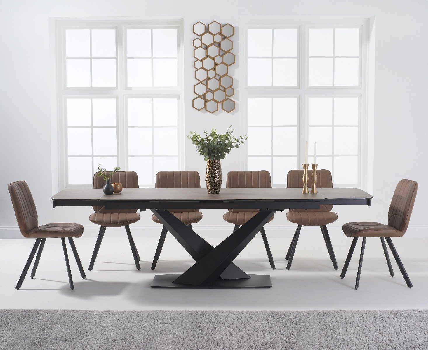 Extending Jacob 180cm Mink Ceramic Dining Table With 8 Brown Hendrick Chairs