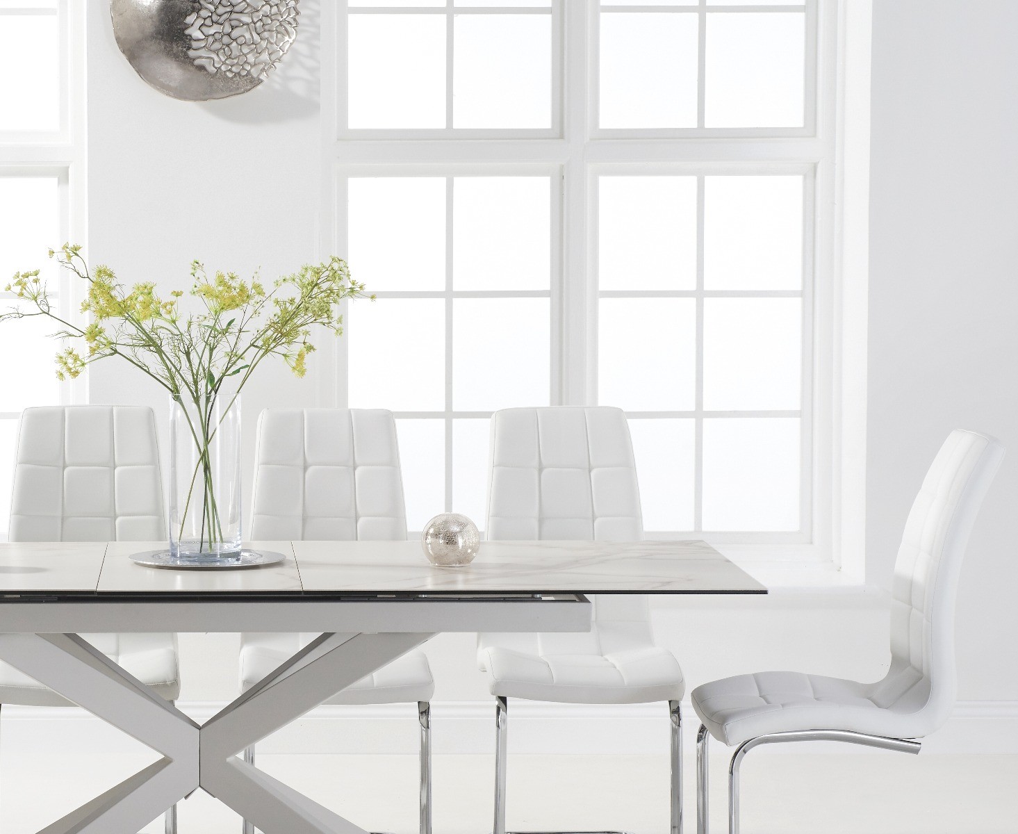 Photo 1 of Boston 180cm white leg extending ceramic dining table with 6 grey vigo chairs