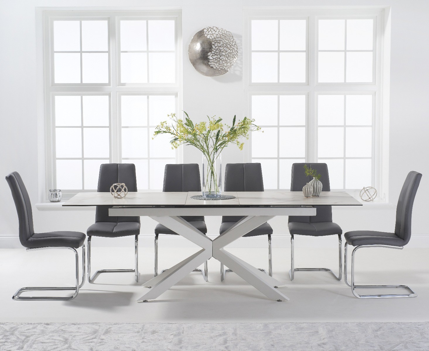 Boston 180cm White Leg Extending Ceramic Dining Table With 8 Grey Tarin Chairs