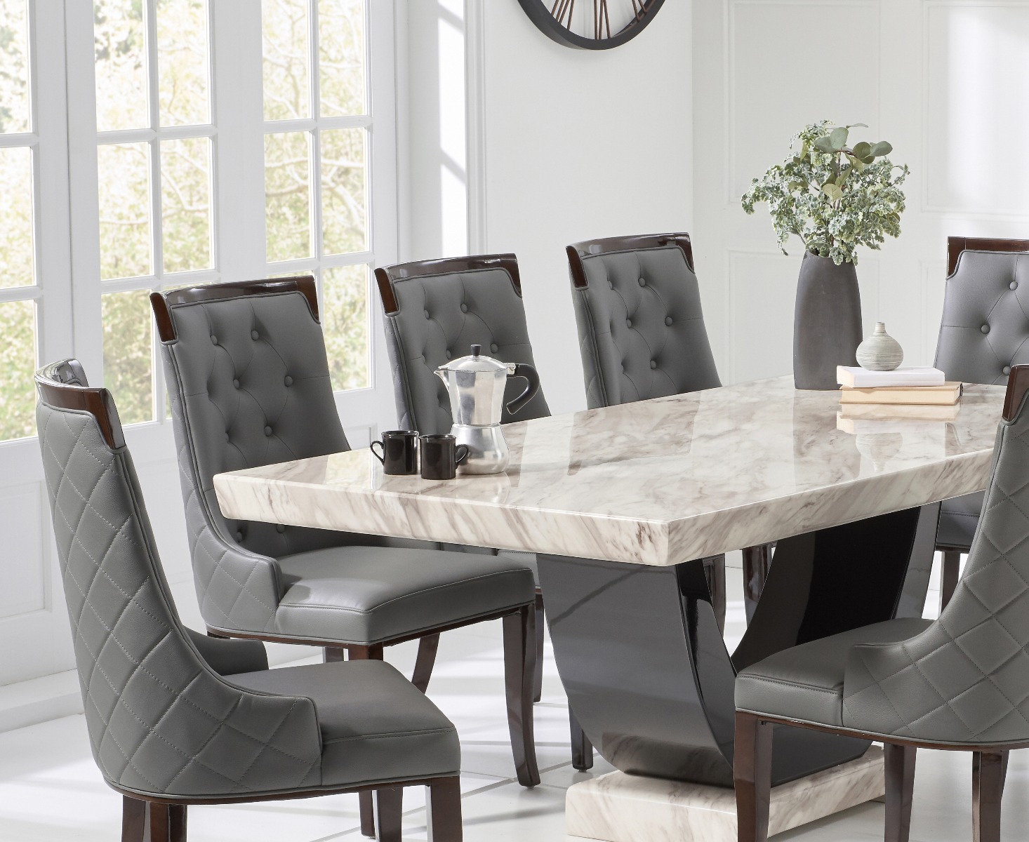 Photo 3 of Novara 200cm cream and black pedestal marble dining table with 12 grey francesca chairs