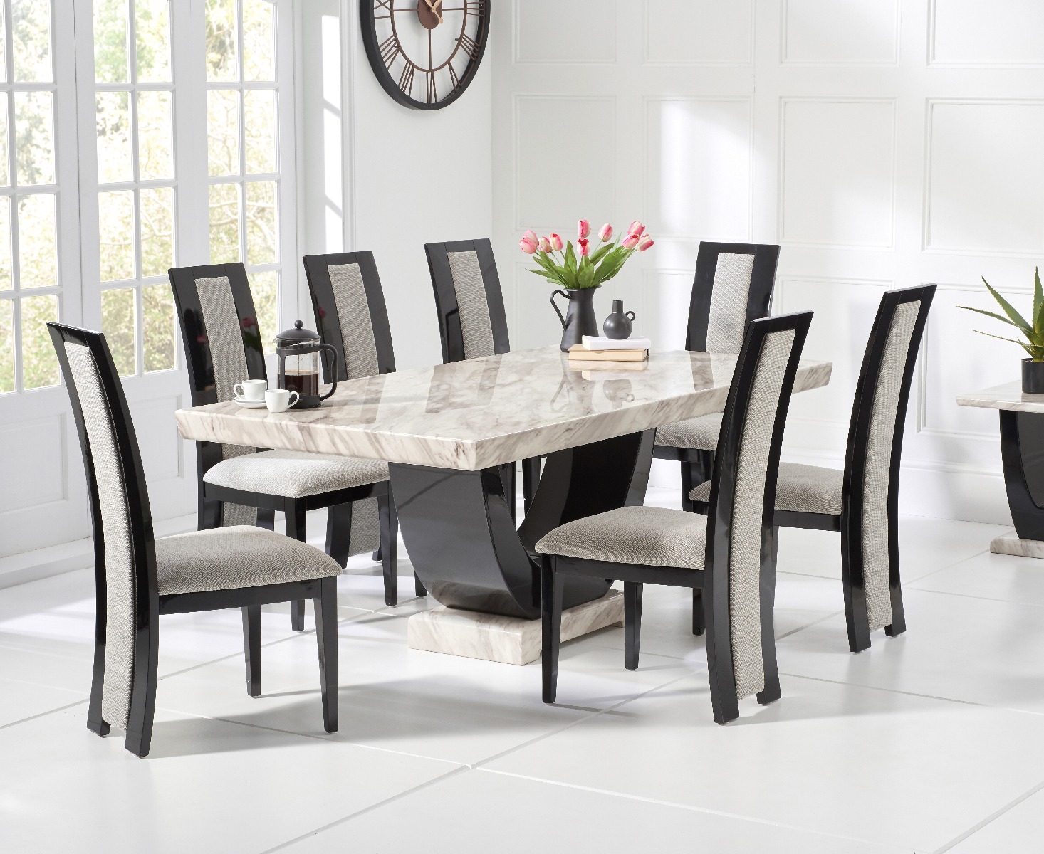 Novara 200cm Cream And Black Pedestal Marble Dining Table With 8 Black Novara Chairs
