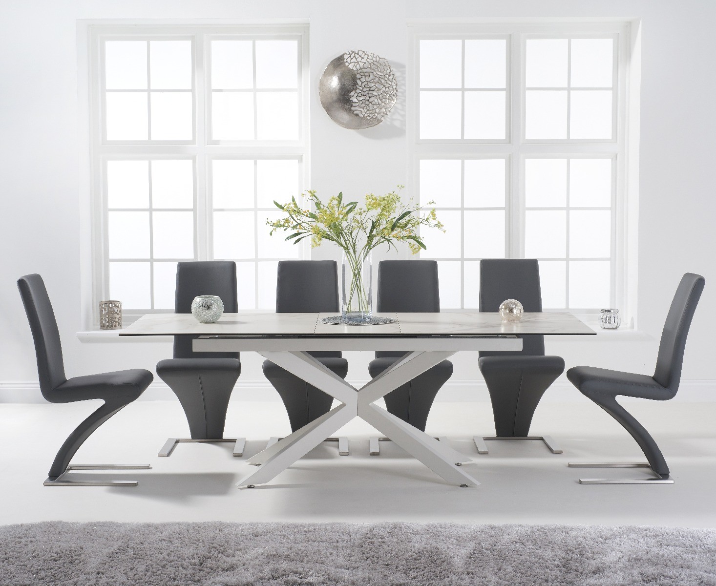 Extending Boston 180cm White Leg Ceramic Dining Table With 8 Grey Aldo Chairs