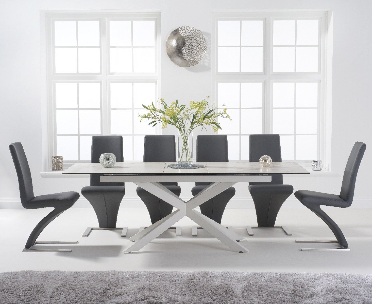 Product photograph of Extending Boston 180cm White Leg Ceramic Dining Table With 8 Grey Aldo Chairs from Oak Furniture Superstore