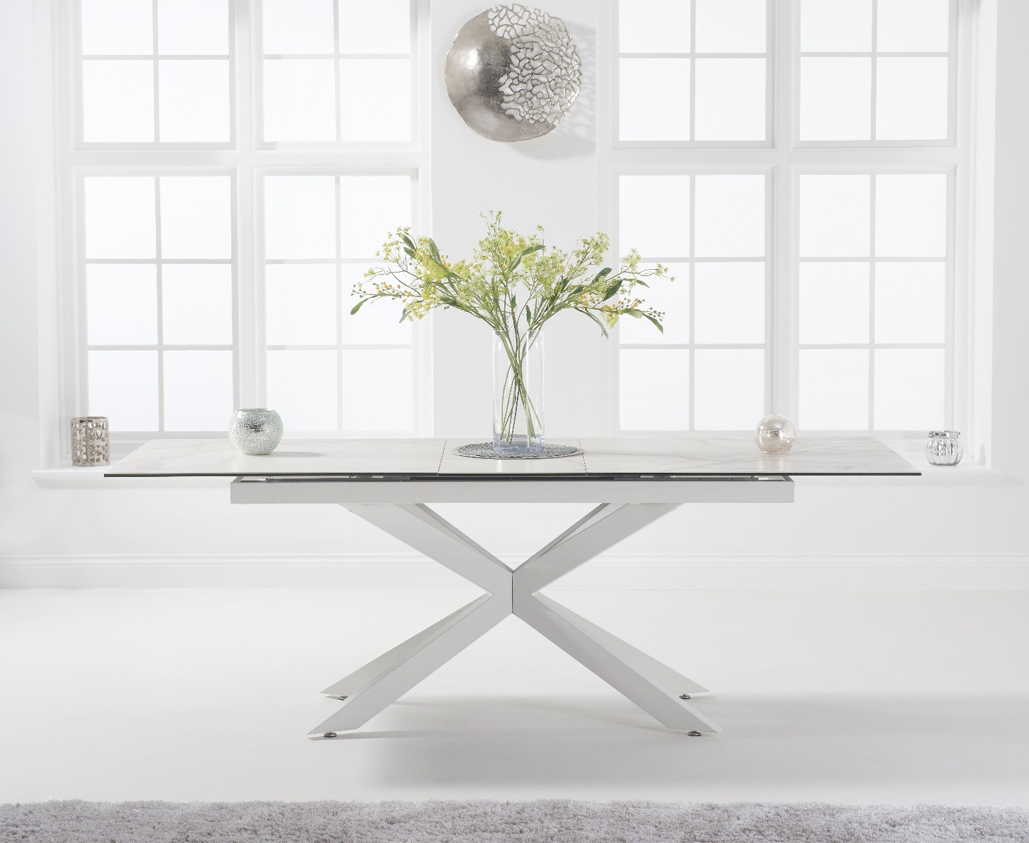 Photo 2 of Boston 180cm white leg extending ceramic dining table with 10 white vigo chairs