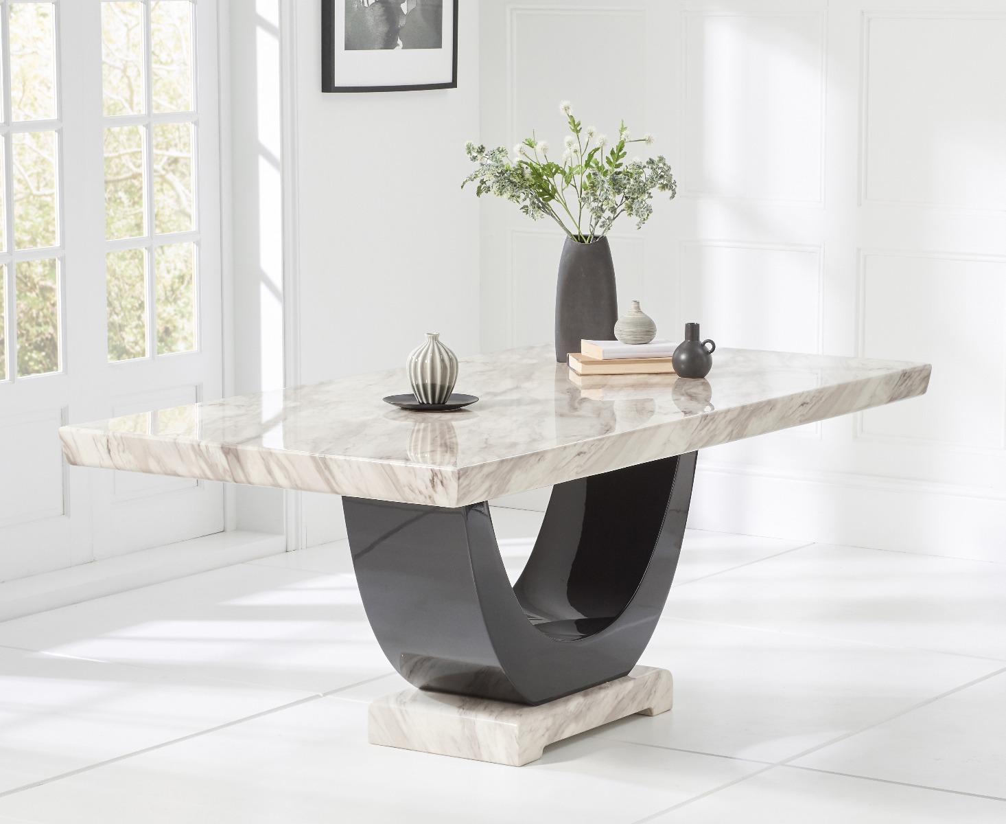 Photo 1 of Novara 200cm cream and black pedestal marble dining table with 8 black novara chairs